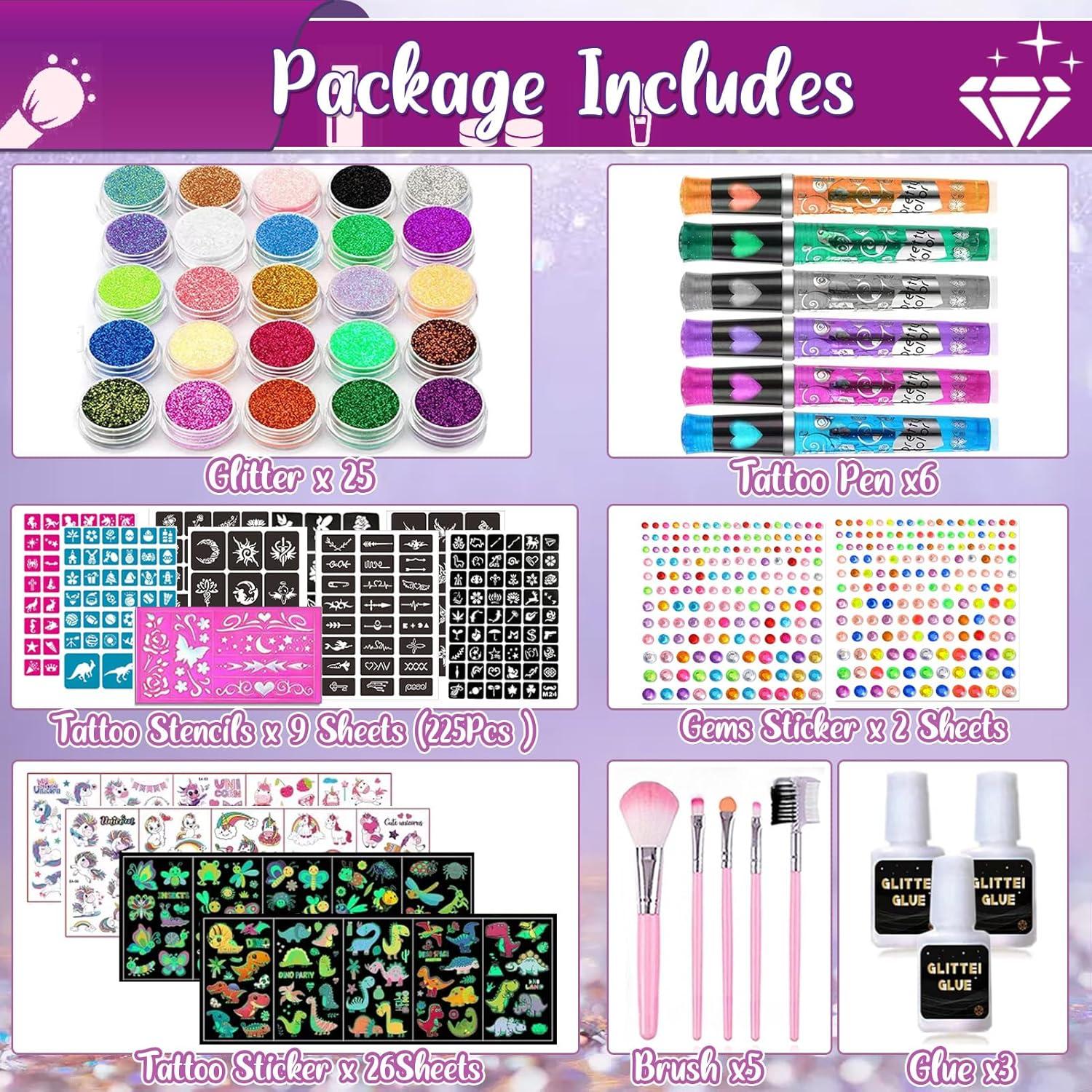 Kit de Tatuajes Brillantes TEUVO para Niños - 25 Colores y 225 Plantillas