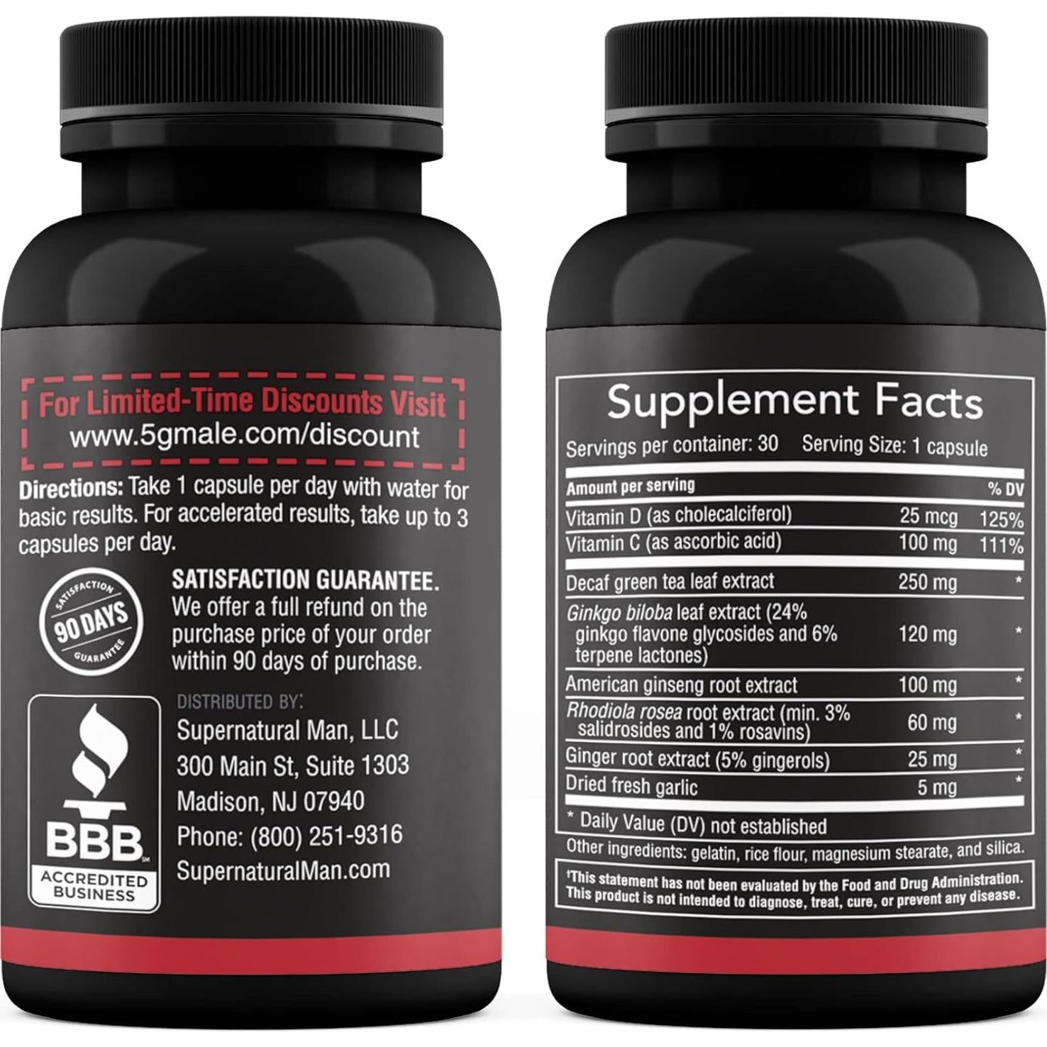 Suplemento Natural 5G Masculino - Aumenta Testosterona y Energía - 30 Cápsulas