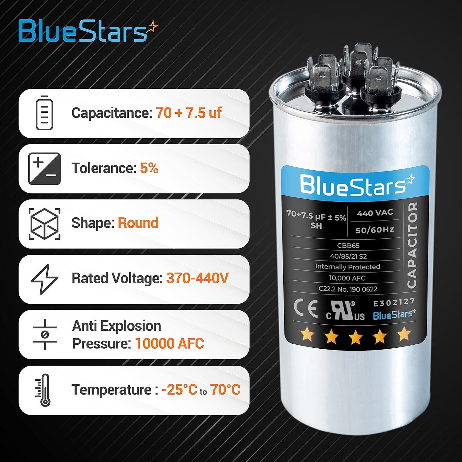 Capacitor Redondo Doble Función 70+7.5 MFD BlueStars - Paquete de 2
