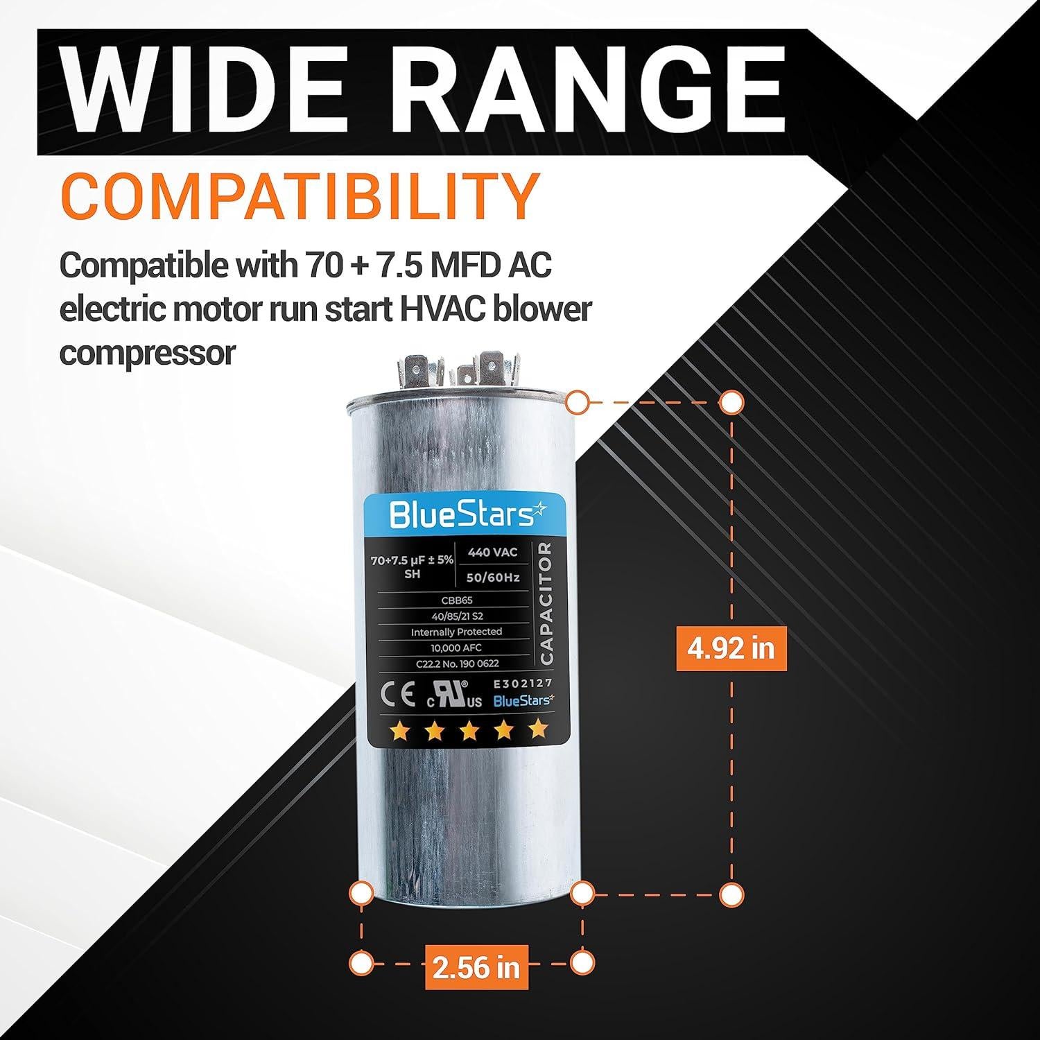 Capacitor Redondo Doble Función 70+7.5 MFD BlueStars - Paquete de 2