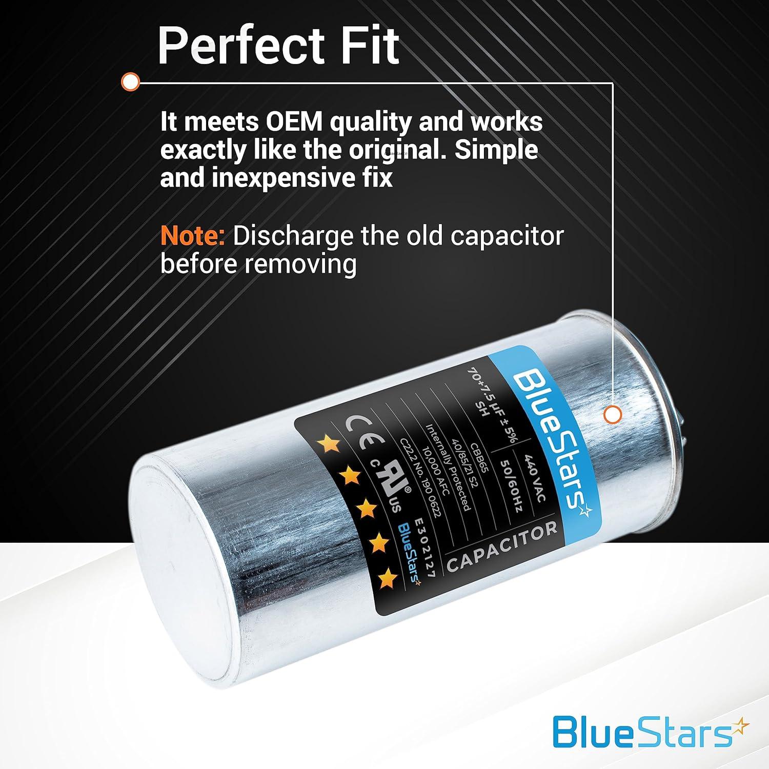 Capacitor Redondo Doble Función 70+7.5 MFD BlueStars - Paquete de 2