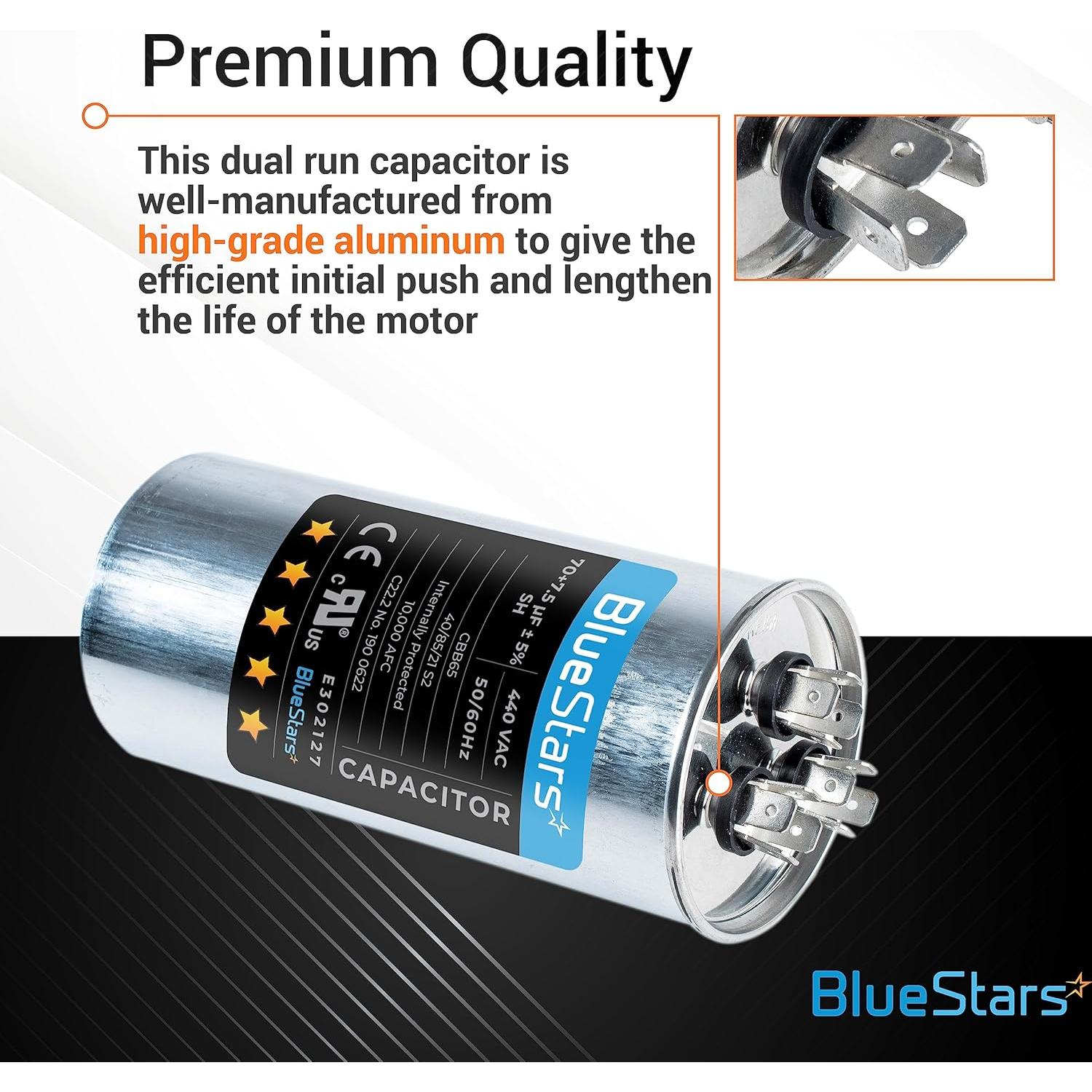 Capacitor Redondo Doble Función 70+7.5 MFD BlueStars - Paquete de 2
