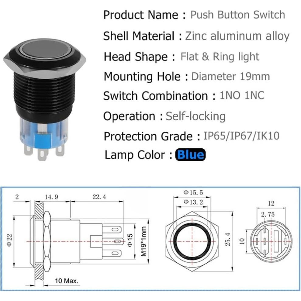 Interruptor de Botón Pulsador Quentacy 19mm IP65 Azul 12V