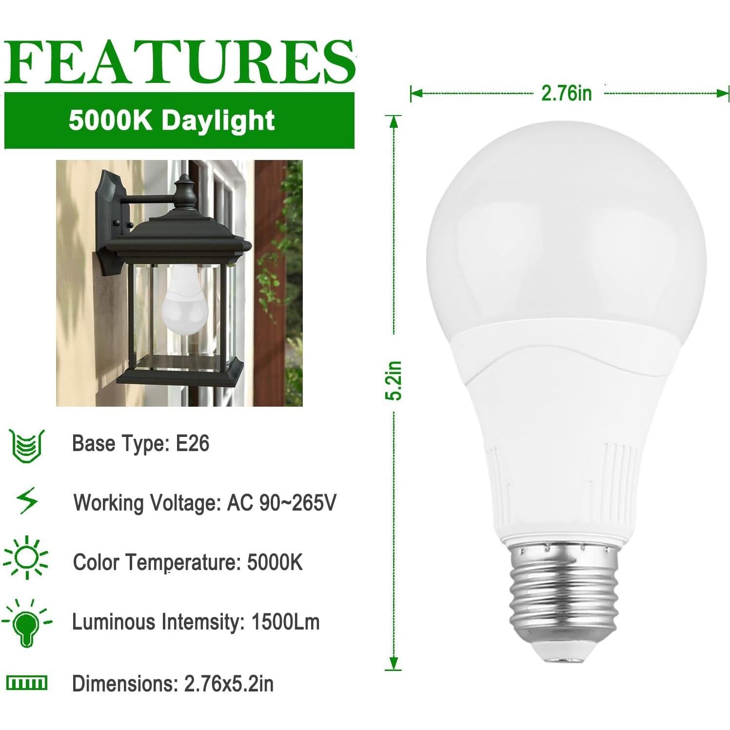 Bombillas de luz A21 E26 15W 5000K con sensor de movimiento