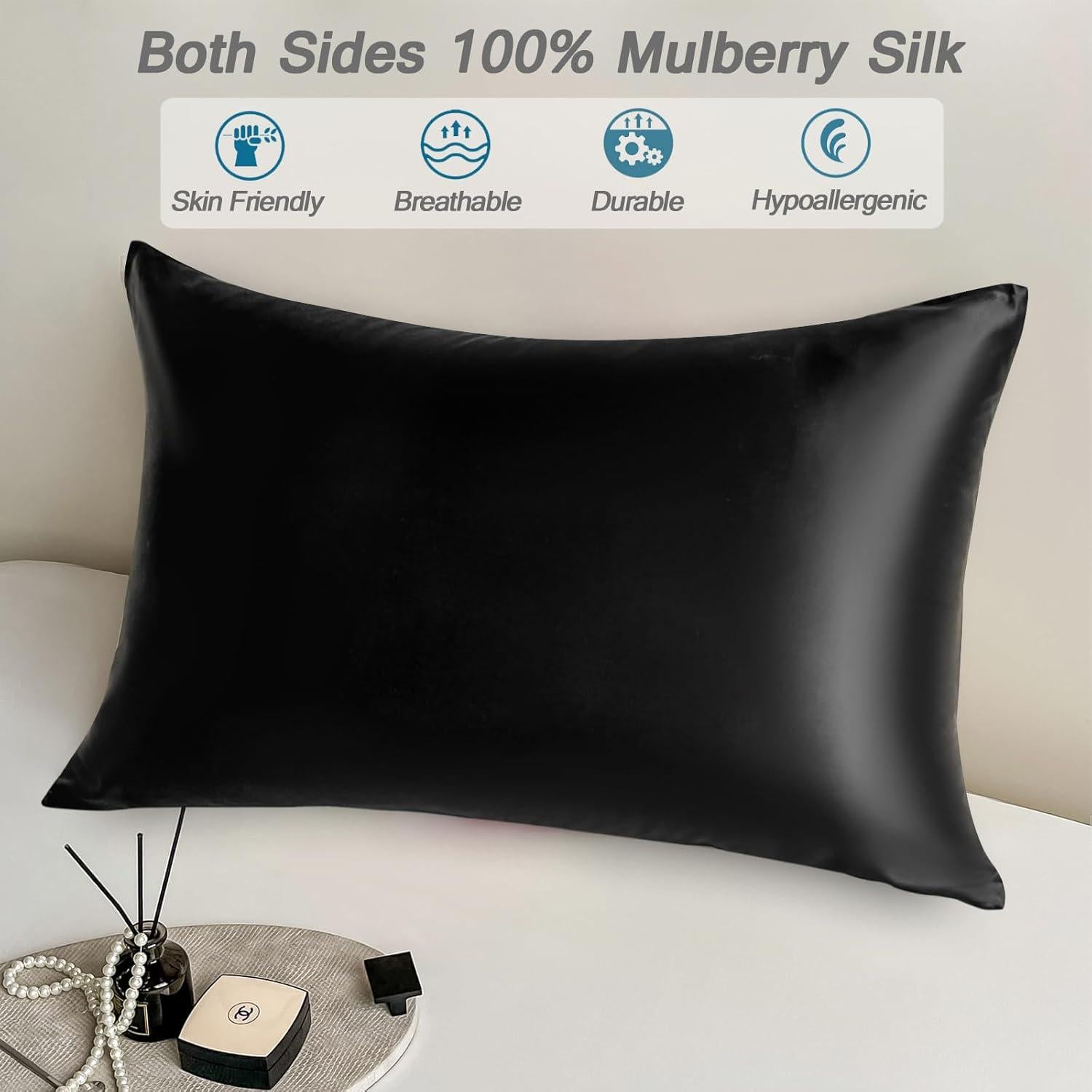 Funda de Almohada de Seda Negra NYCCTOKE Estándar 51x66 cm