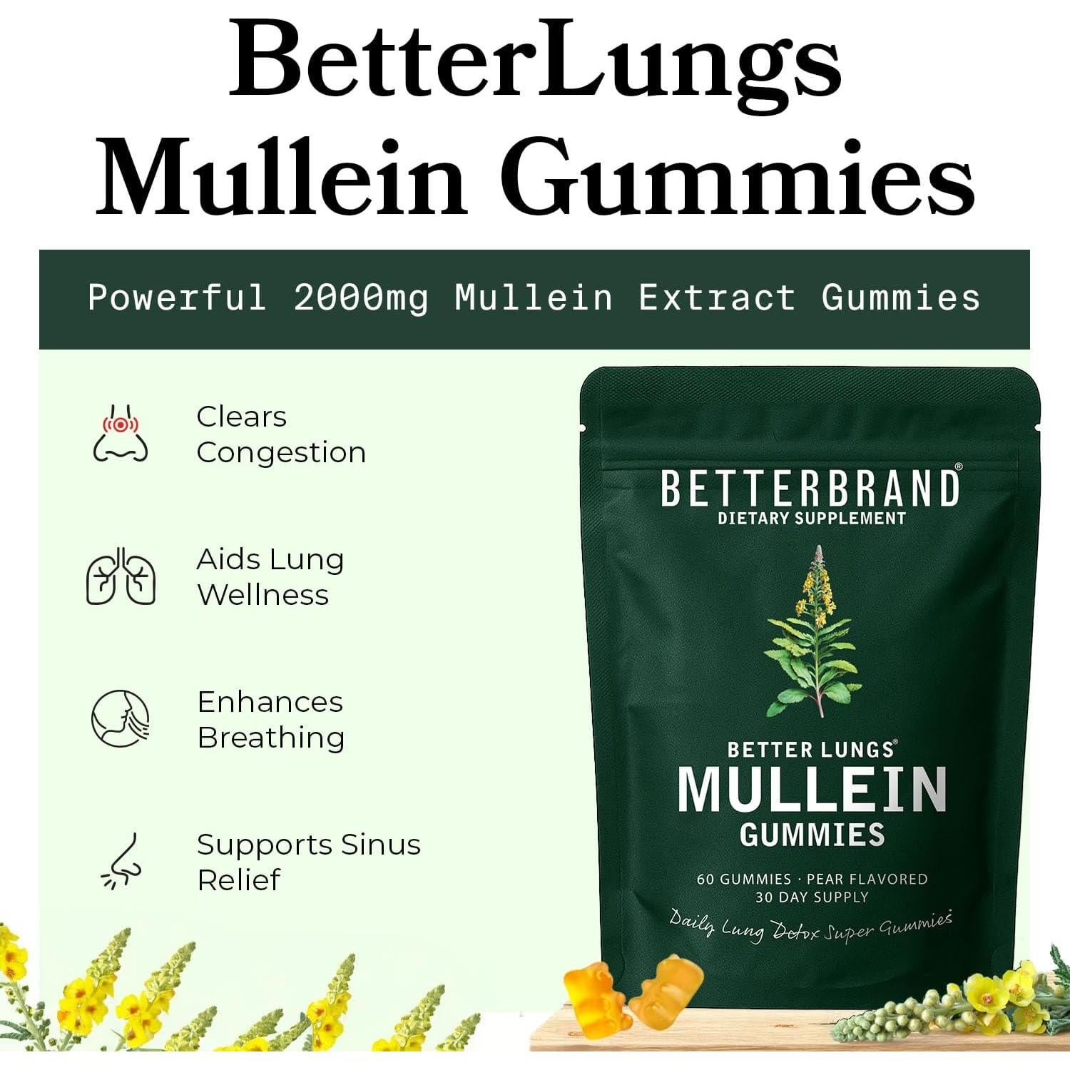 Gomas Diarias Betterbrand BetterLungs 1000mg Mullein Sabor Pera