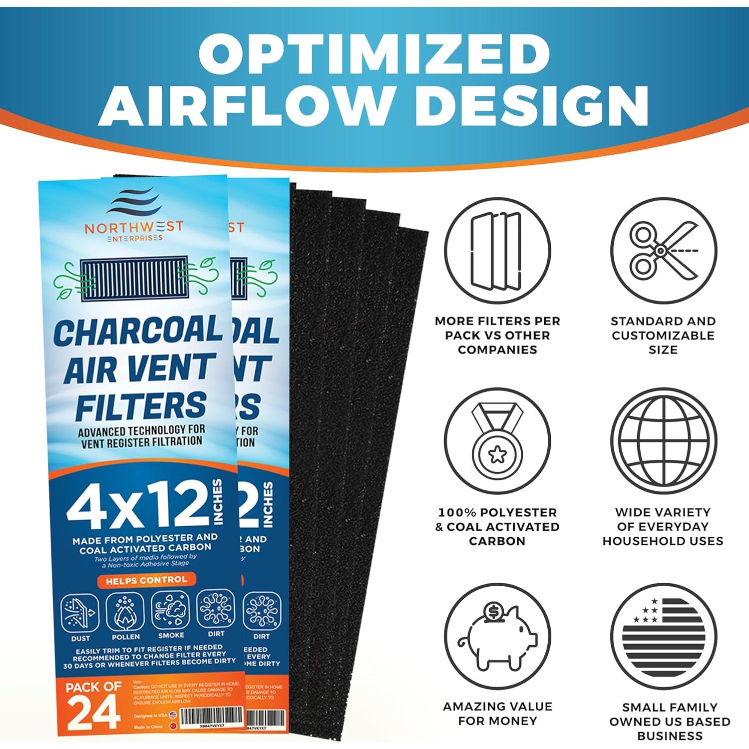 Filtros de Ventilación de Carbón Activado Northwest 4x30 cm - Paquete de 24