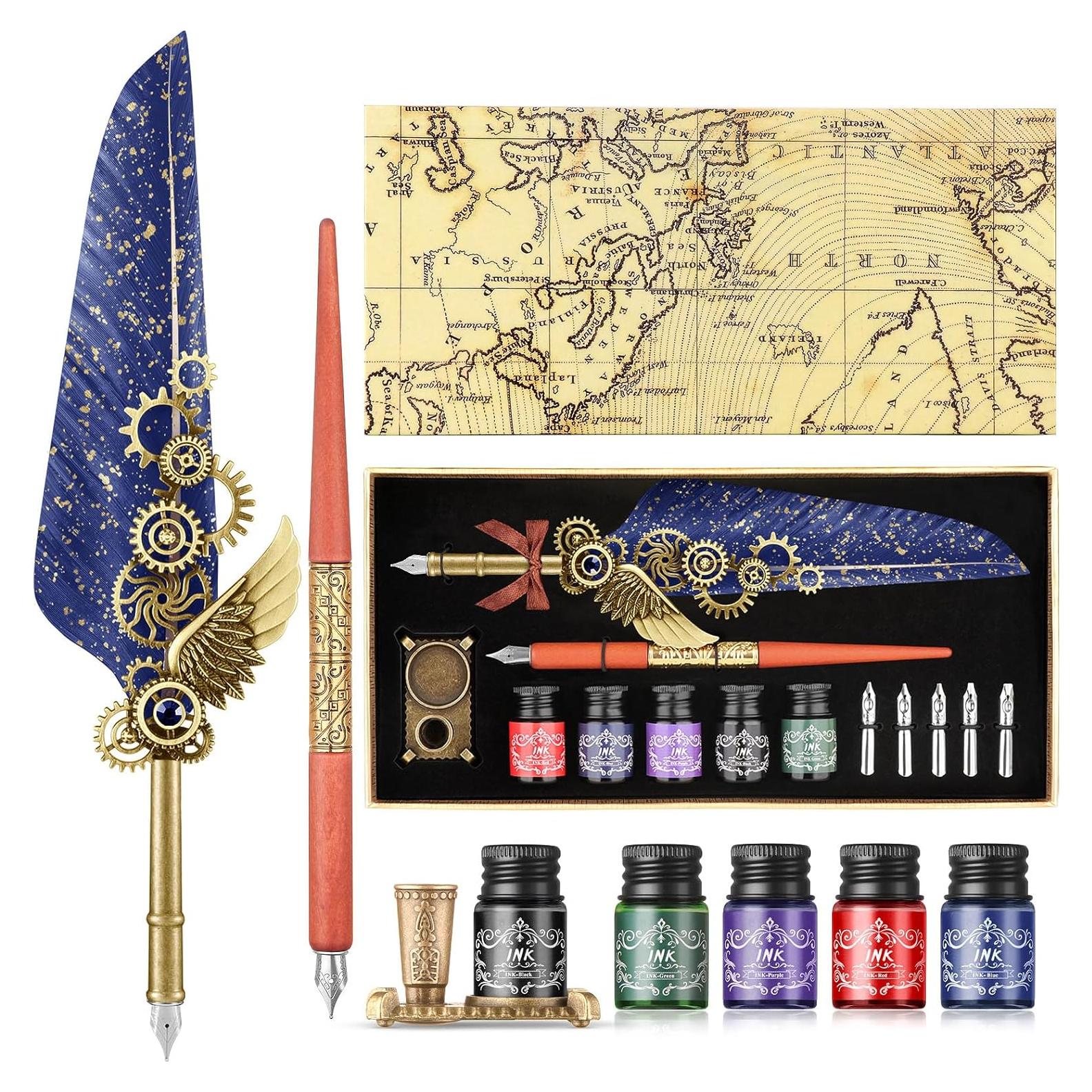 Set de Caligrafía GrnVibe con Pluma de Pavo y Tinta 5 Colores