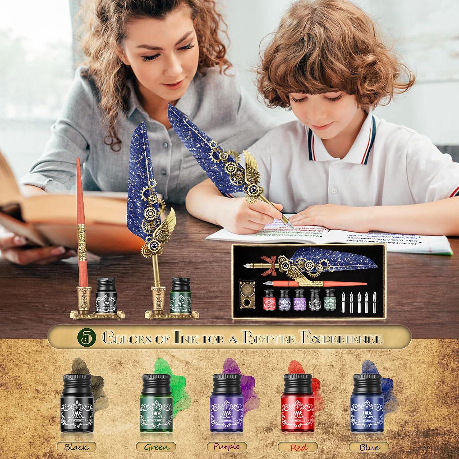 Set de Caligrafía GrnVibe con Pluma de Pavo y Tinta 5 Colores