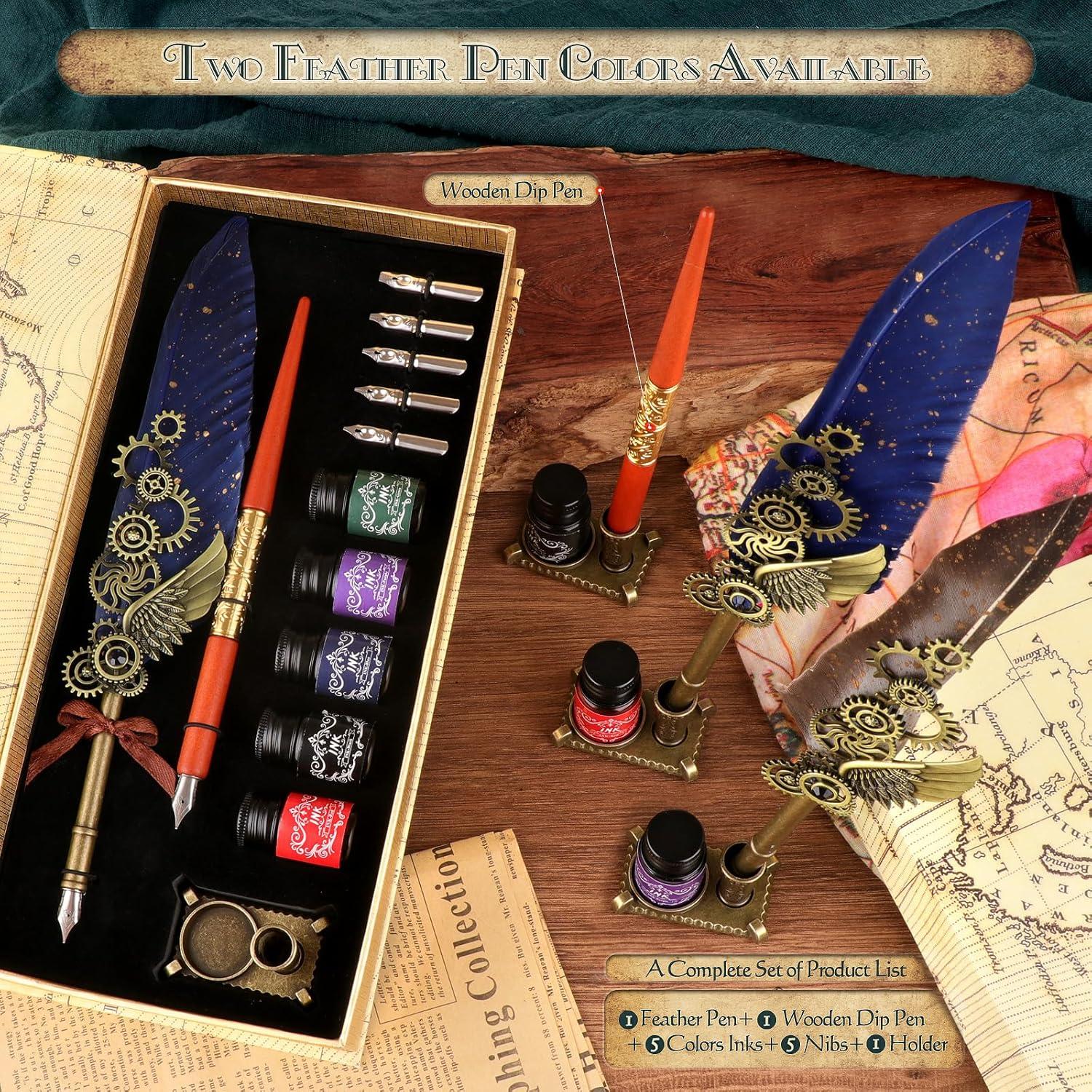 Set de Caligrafía GrnVibe con Pluma de Pavo y Tinta 5 Colores