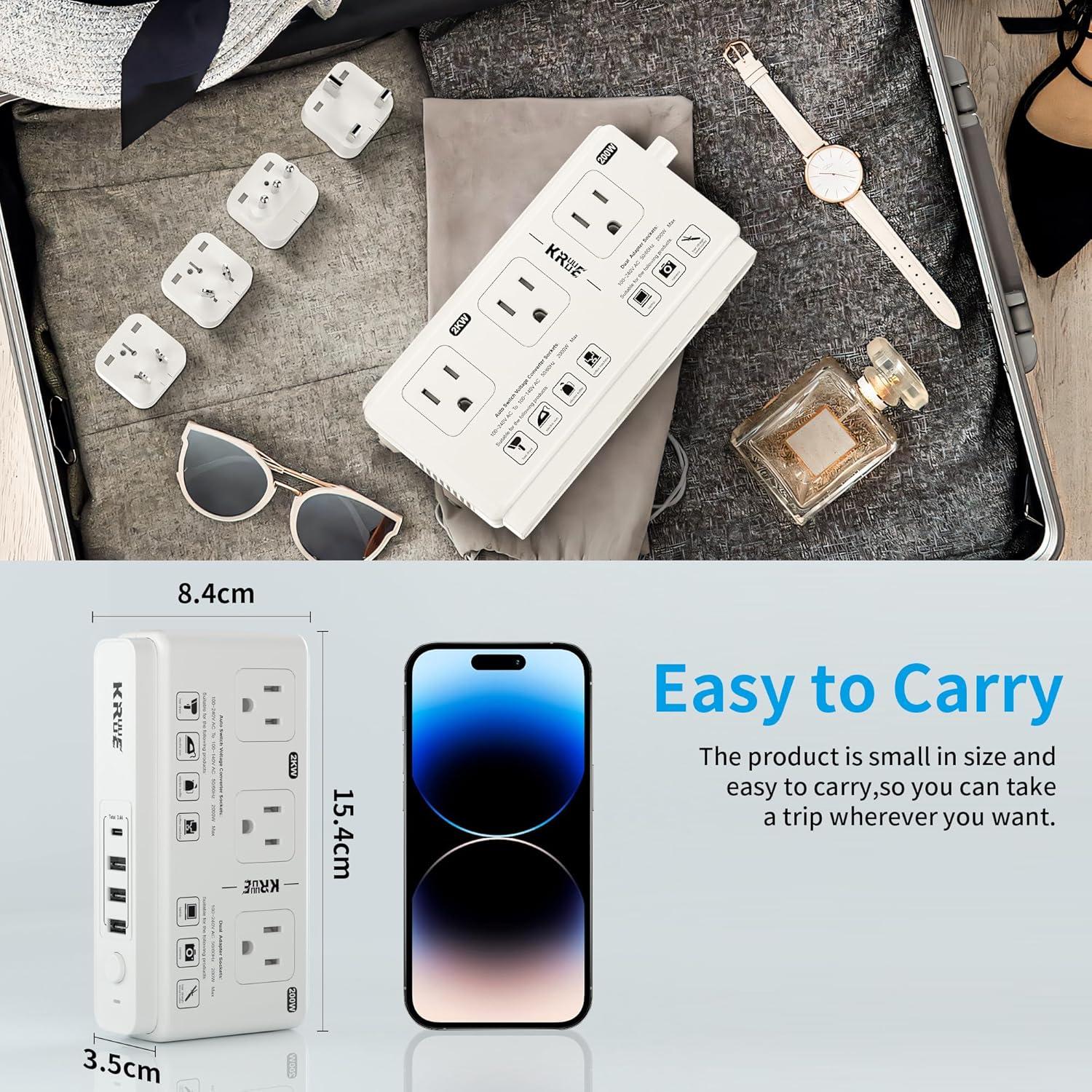 Convertidor de Voltaje 220V a 110V Kruuue 2000W con USB