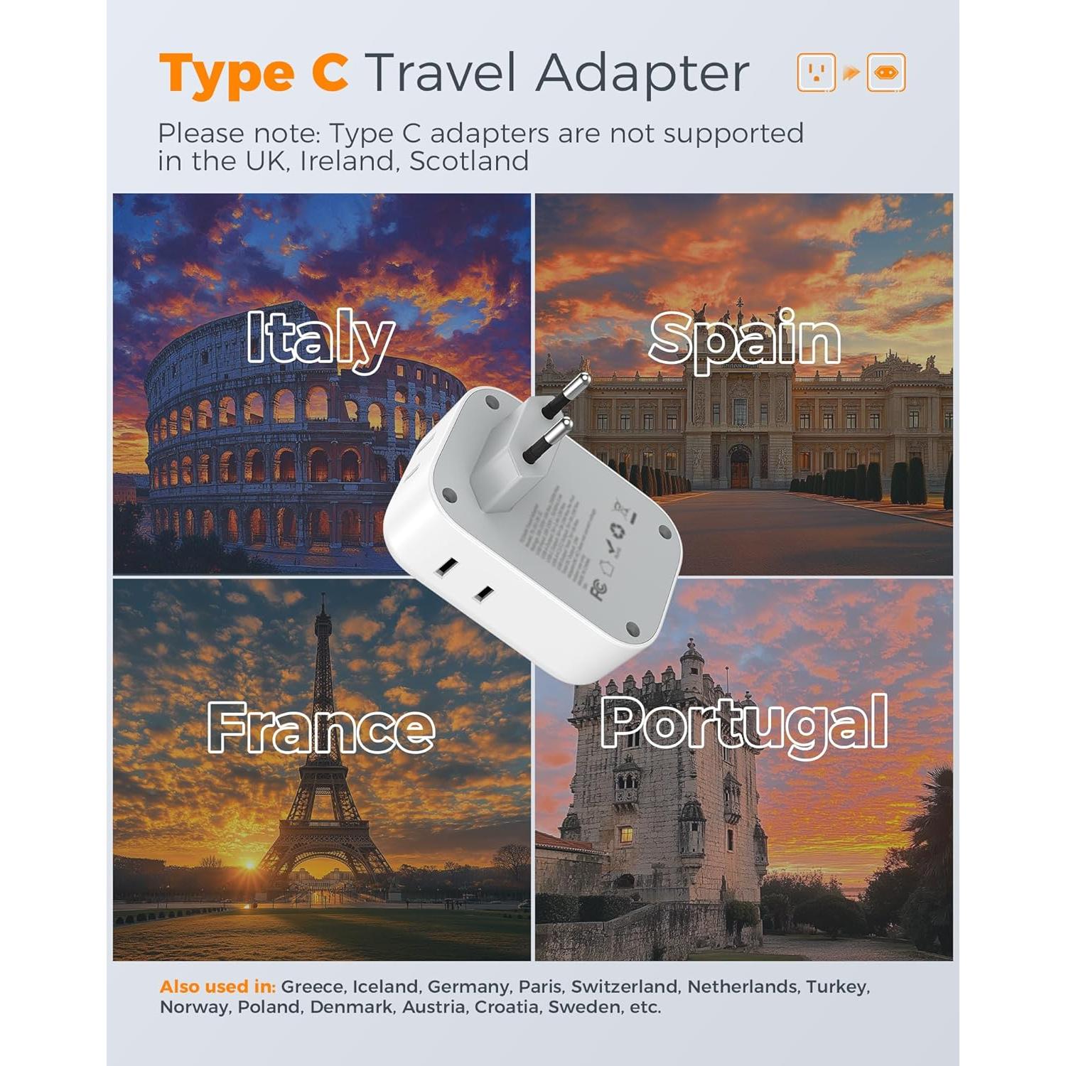 Adaptador de Enchufe de Viaje TESSAN Tipo C 3 Paquetes USB