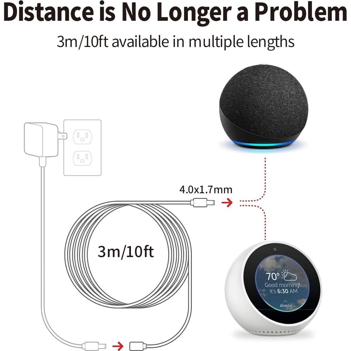 Cable de Extensión Tonton 15W 3,05m para Echo Dot y Fire TV