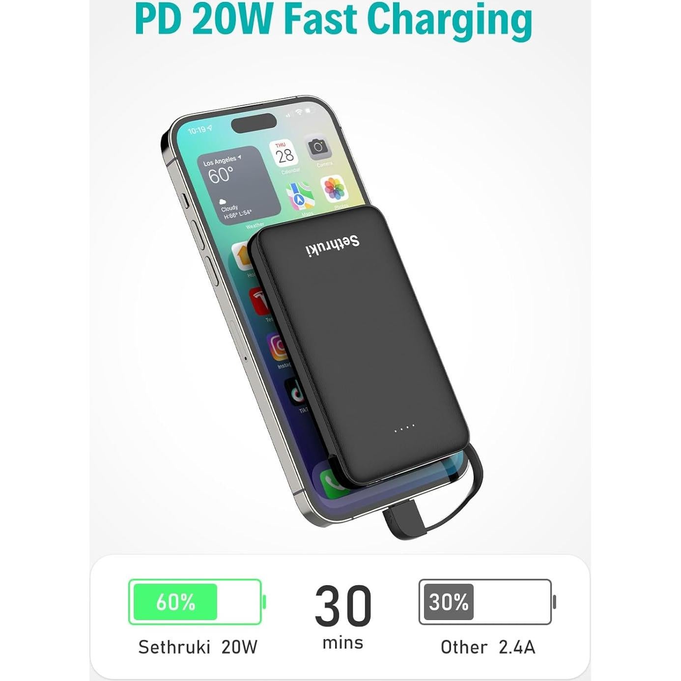 Banco de Poder Sethruki 6000mAh Carga Rápida 20W Negro