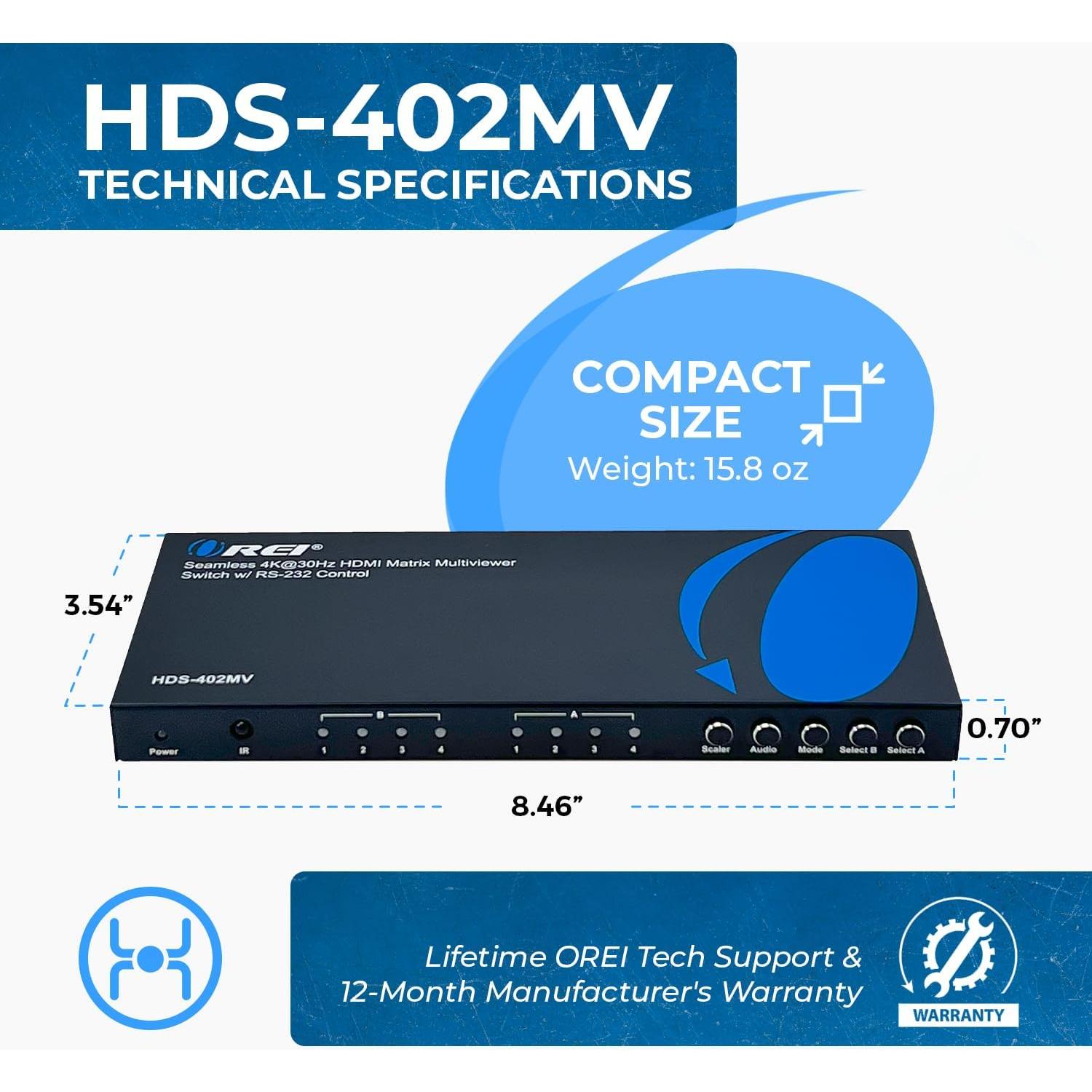 Conmutador HDMI 4 en 2 OREI HDS-402MV 4K PIP Control Remoto