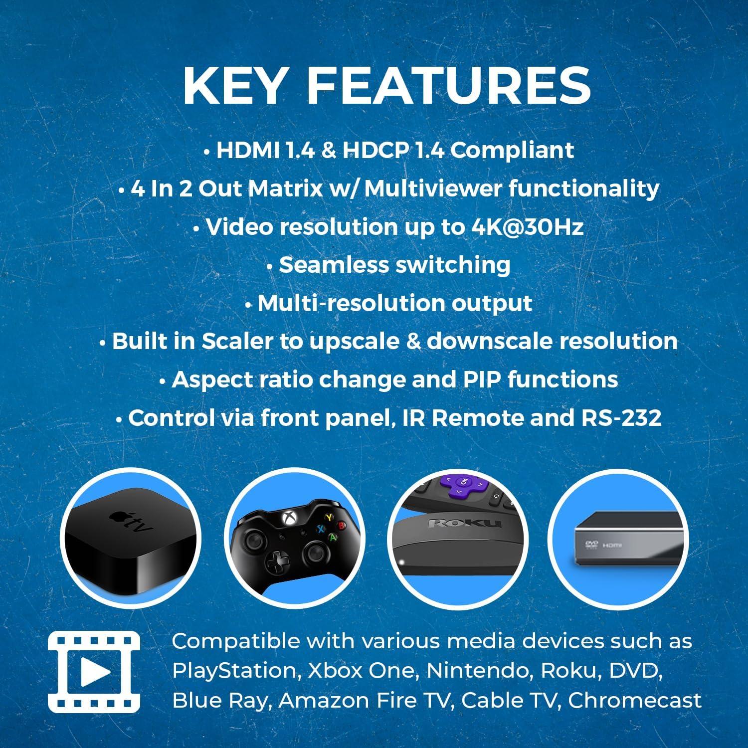 Conmutador HDMI 4 en 2 OREI HDS-402MV 4K PIP Control Remoto