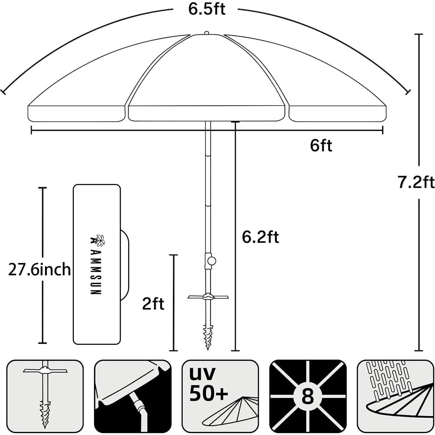 Paraguas de Playa AMMSUN 1.98m Azul UPF 50+ Plegable