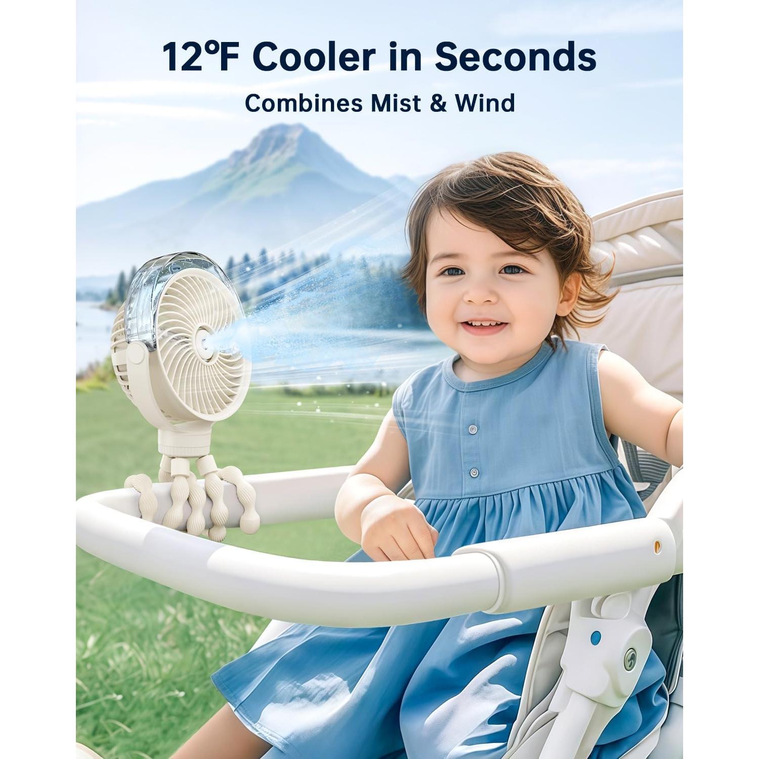 Ventilador Portátil SWEETFULL con Rocío para Bebés - 4 Velocidades, Recargable, Silencioso, Beige