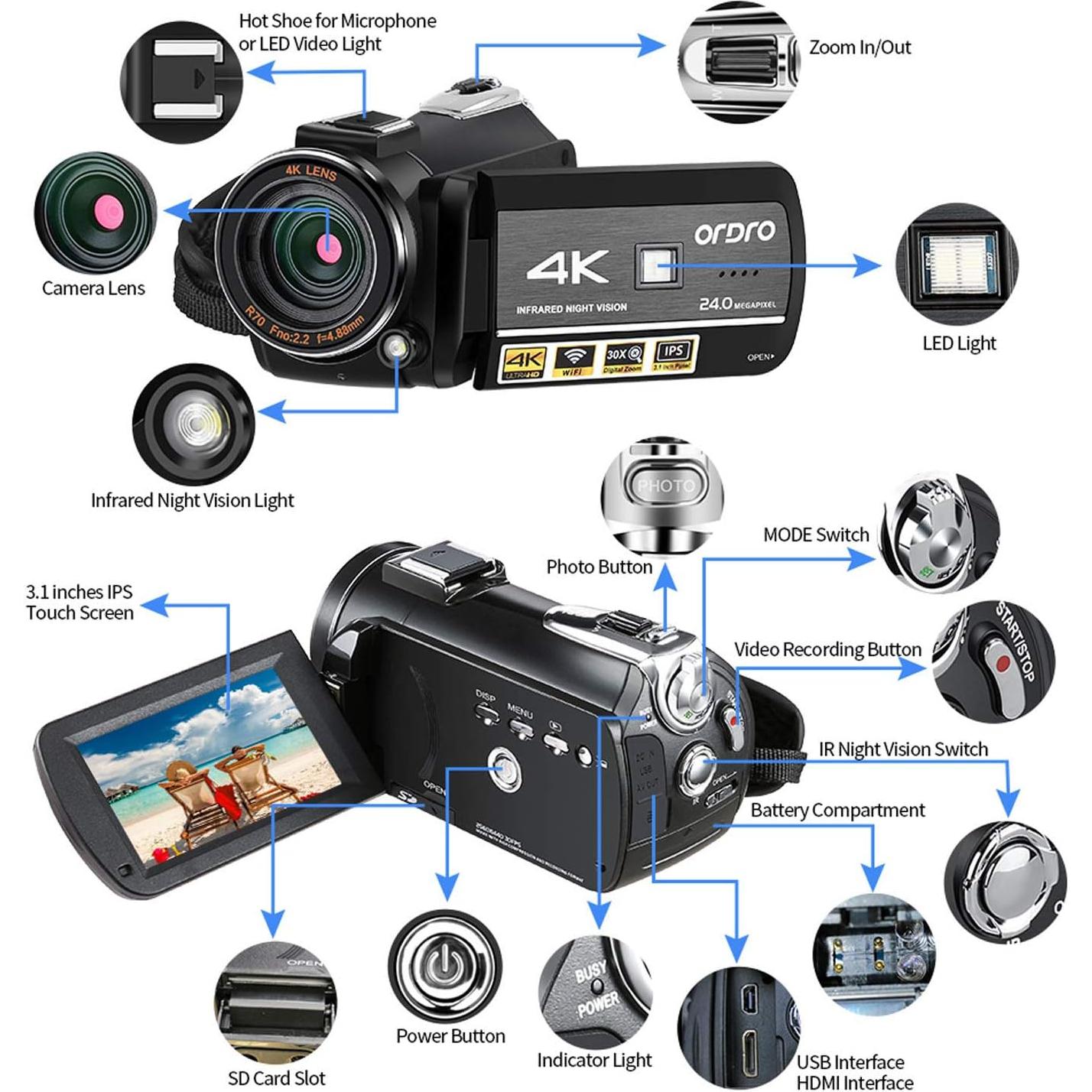 Cámara de video 4K ORDRO HDR-AC3+IR con visión nocturna