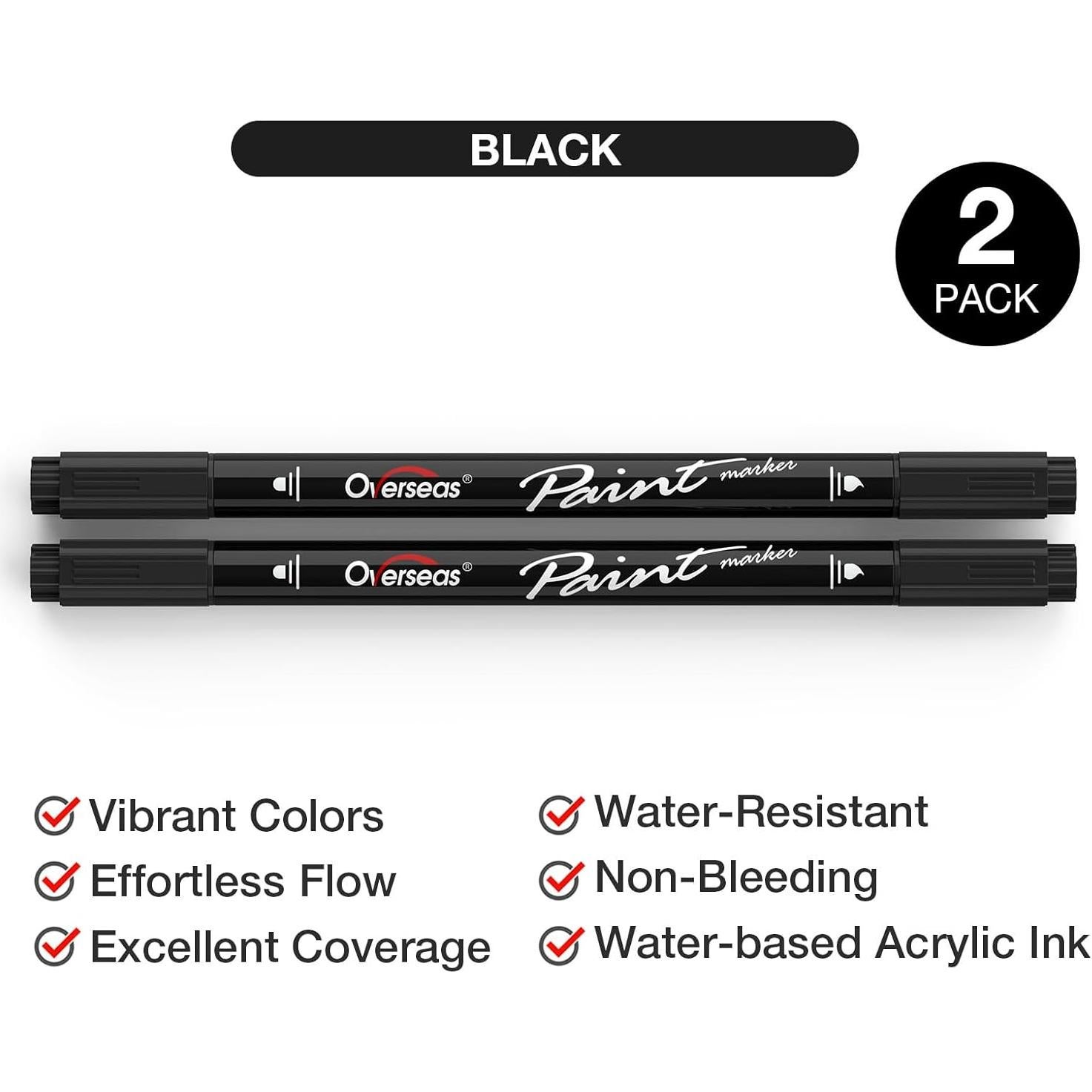 Marcadores Acrílicos Doble Punta Overseas, 2 Unidades Negros
