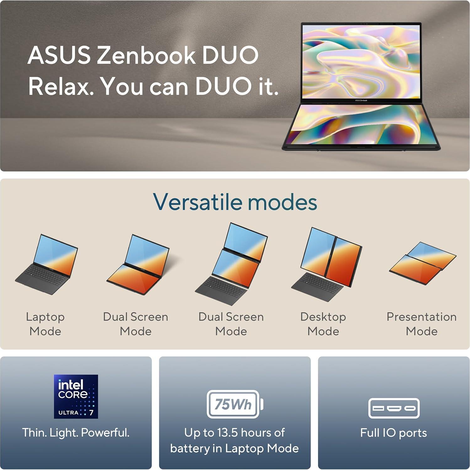 Laptop ASUS Zenbook DUO 14" OLED 3K Intel Core Ultra 7 32GB 1TB