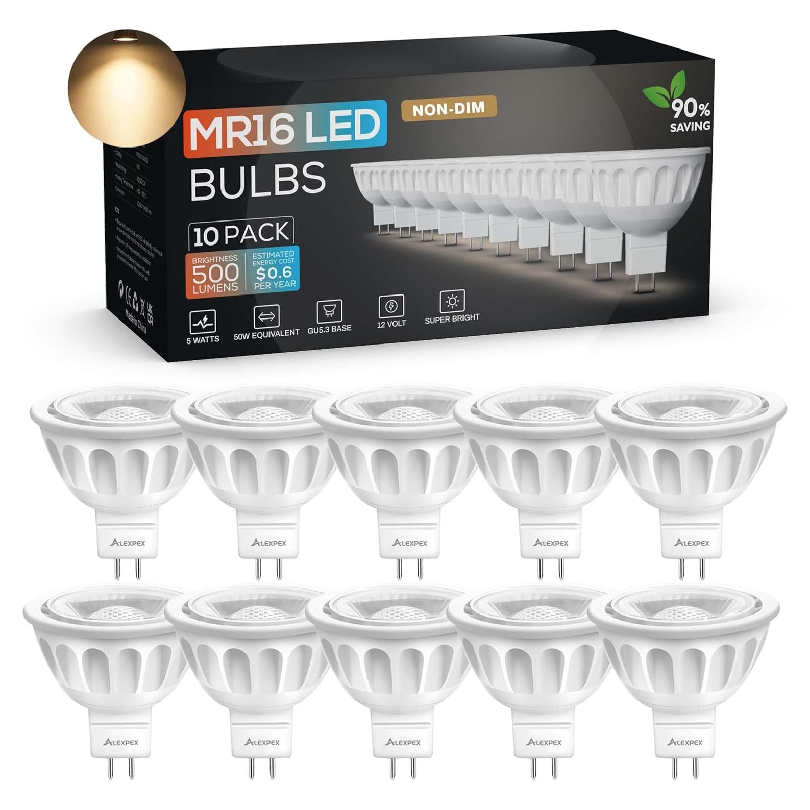Bombillas LED MR16 Alexpex 10 Unidades 3000K 5W 500LM GU5.3