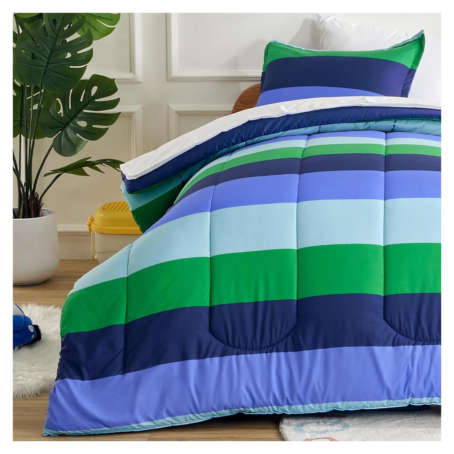 Conjunto de Edredón Sonive 7 Piezas Rayas Rugby Azul Verde