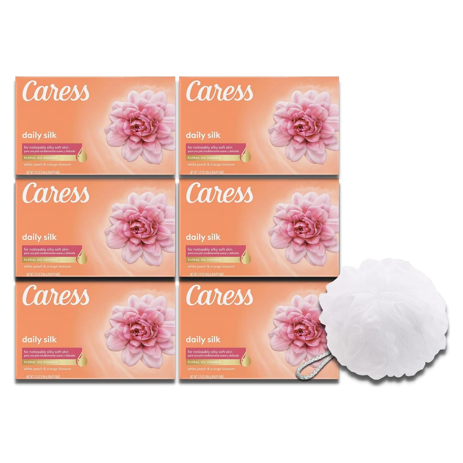 Jabón Caress Daily Silk con Esponja de Baño - 6 Piezas