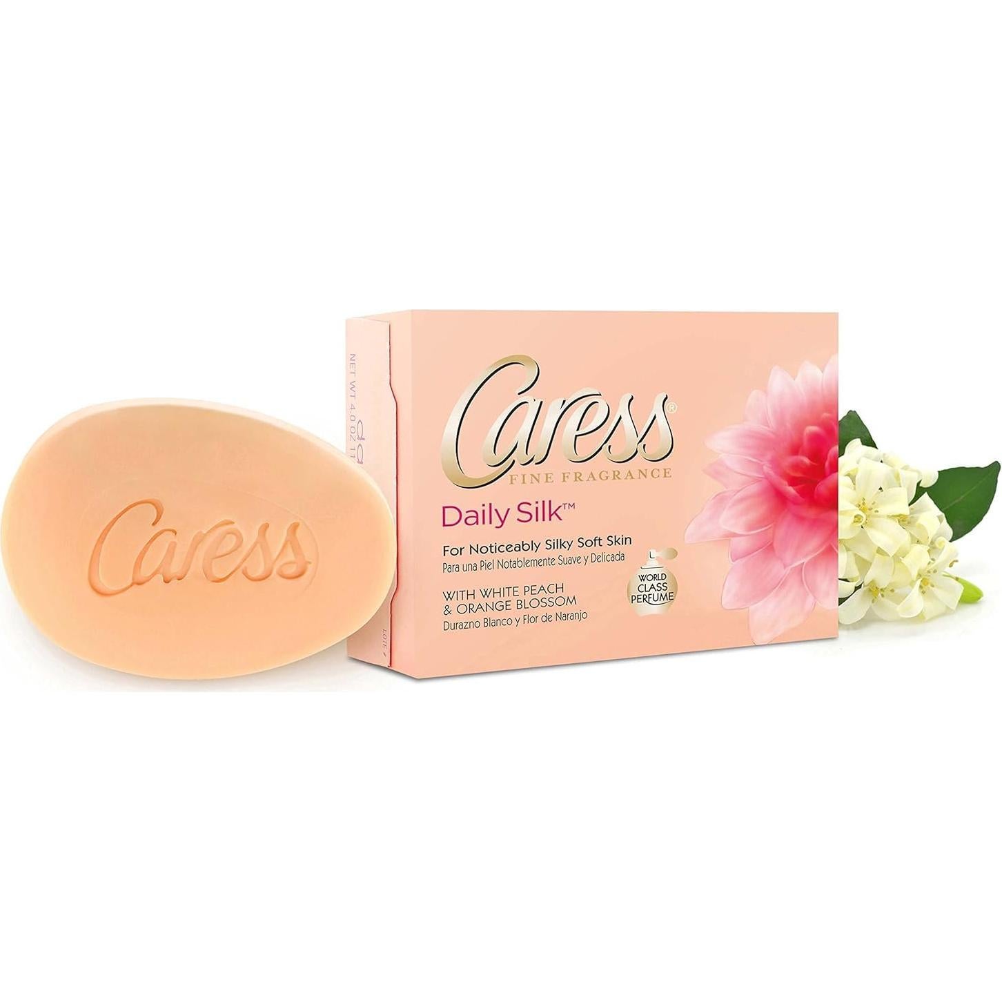 Jabón Caress Daily Silk con Esponja de Baño - 6 Piezas