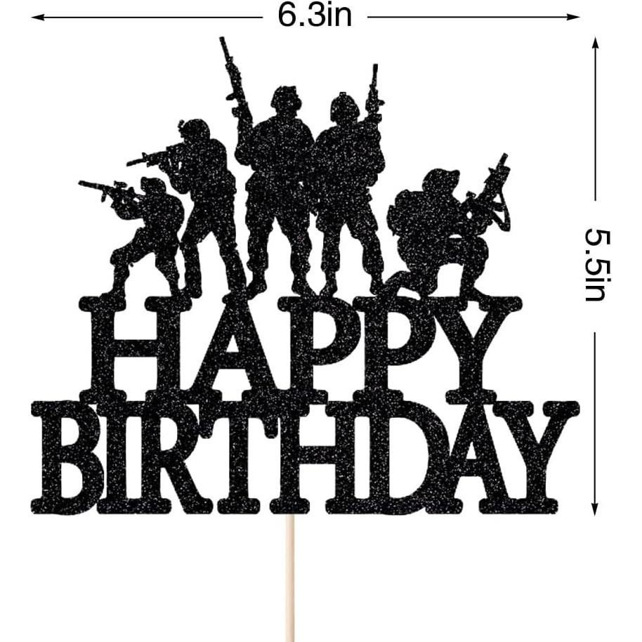 Topper de pastel militar con purpurina negra Naicaek - 16x14cm