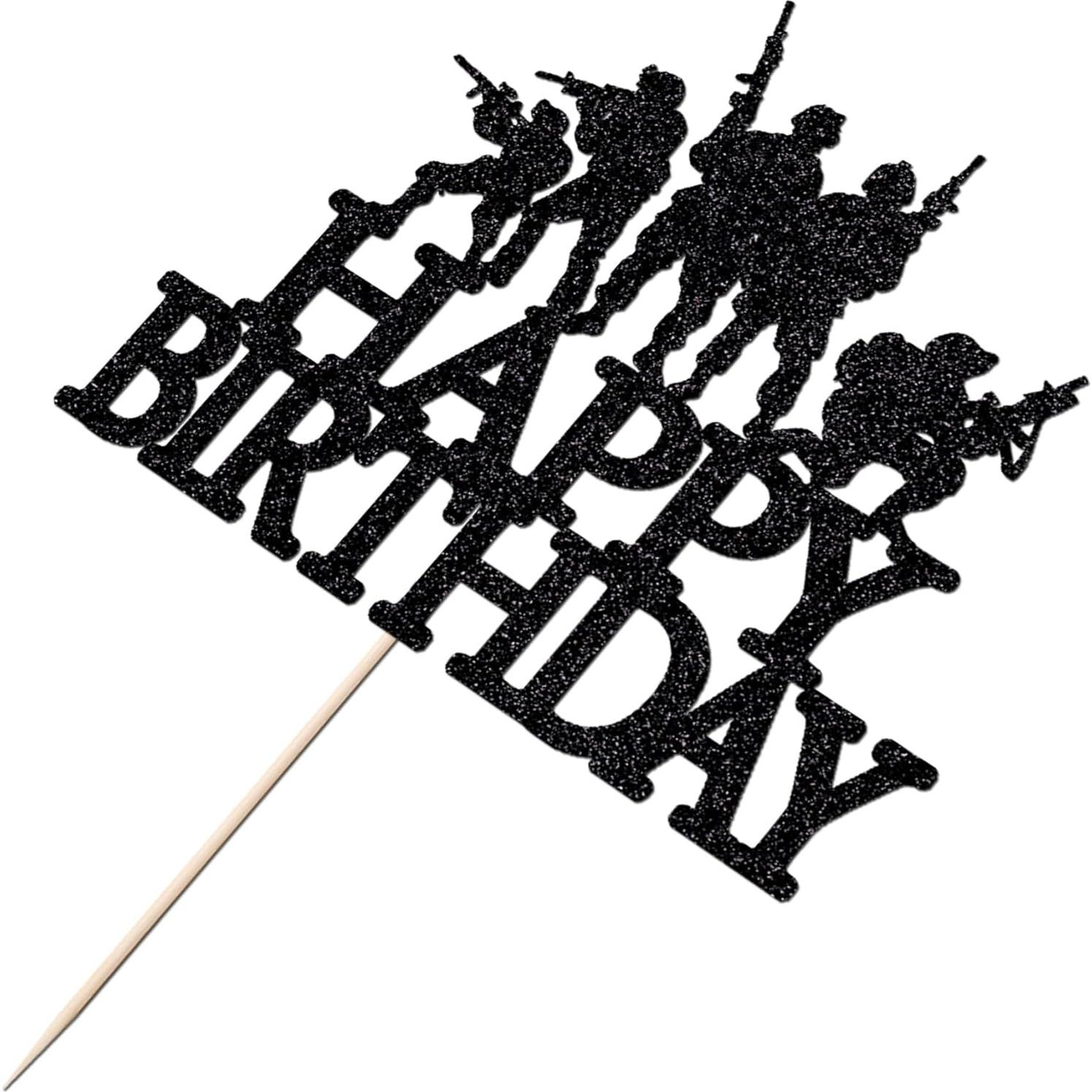 Topper de pastel militar con purpurina negra Naicaek - 16x14cm