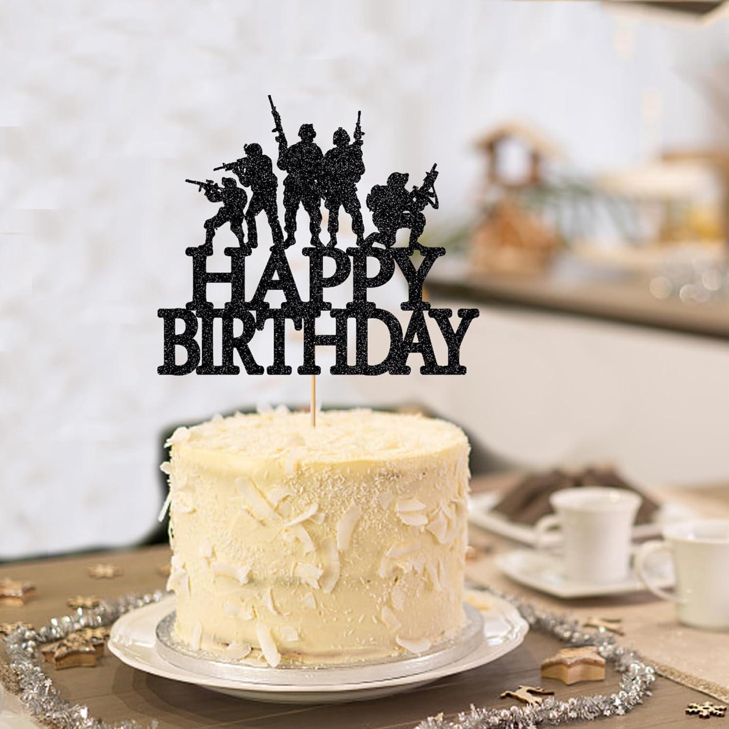 Topper de pastel militar con purpurina negra Naicaek - 16x14cm