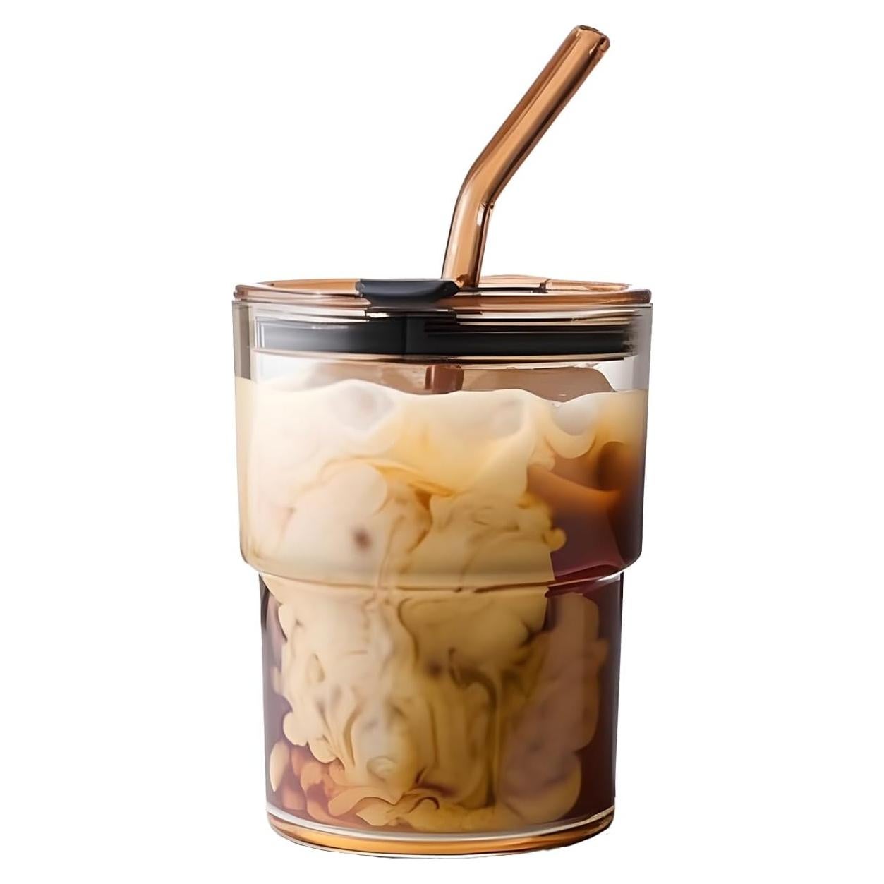 Taza de vidrio MINGHYZYA 13oz con tapa y popote ámbar