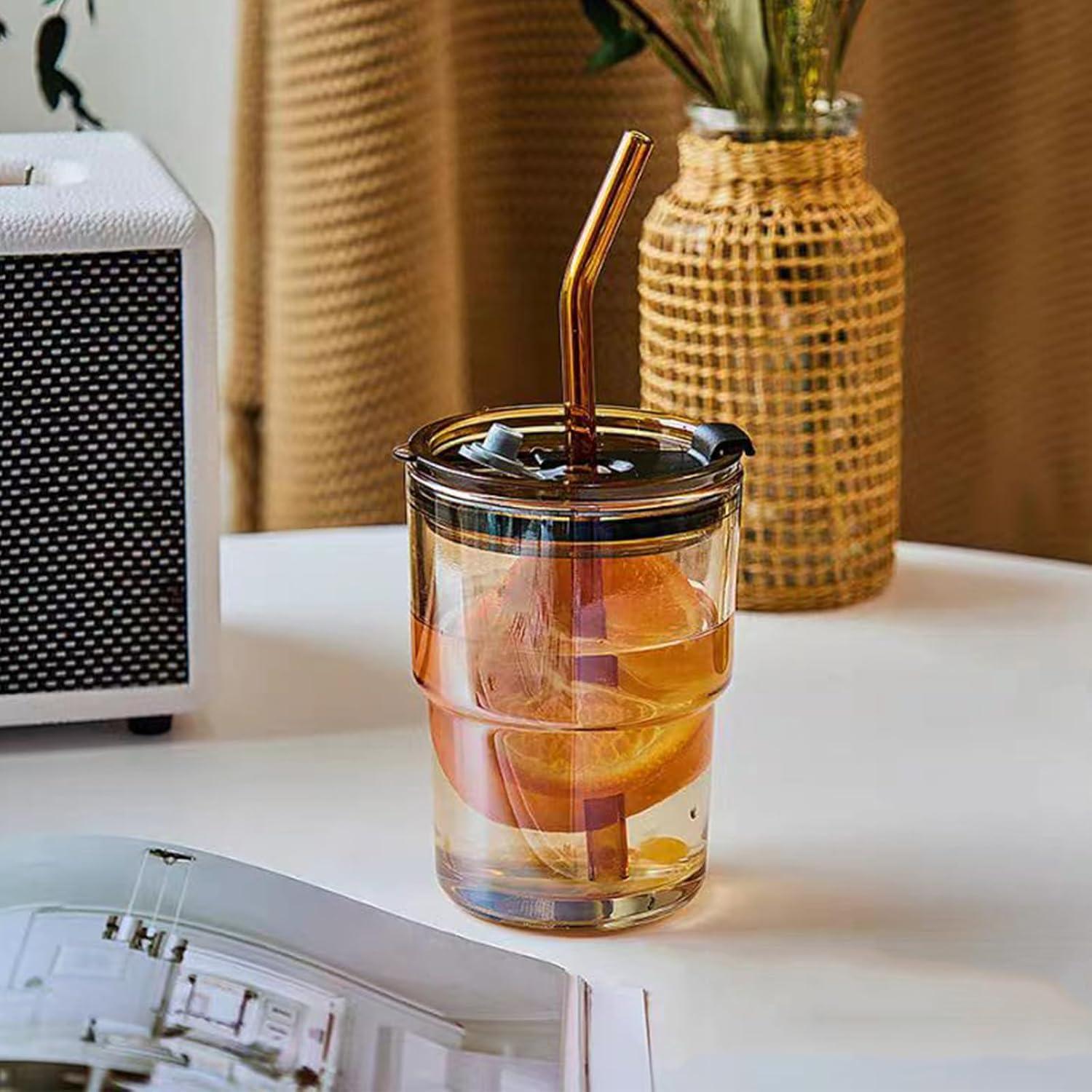 Taza de vidrio MINGHYZYA 13oz con tapa y popote ámbar