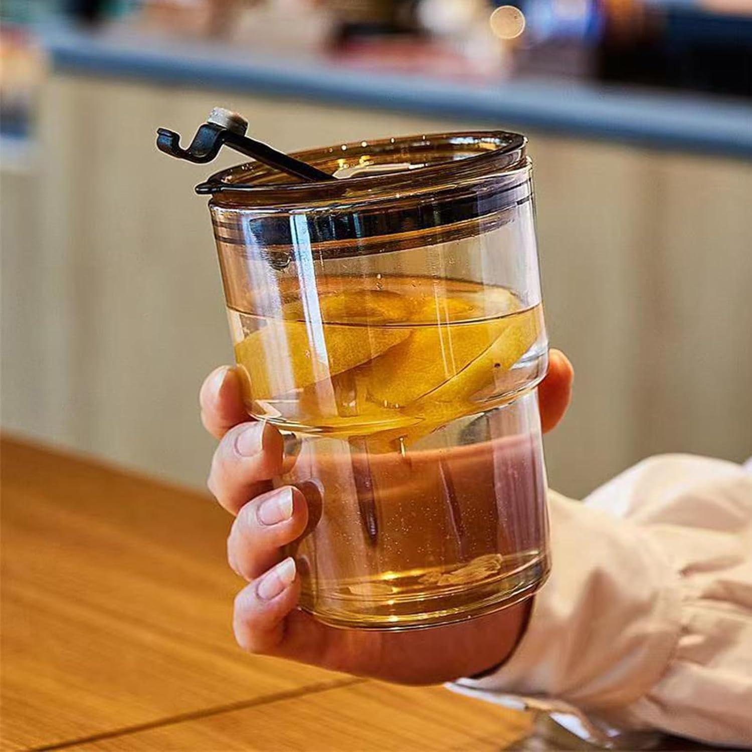 Taza de vidrio MINGHYZYA 13oz con tapa y popote ámbar