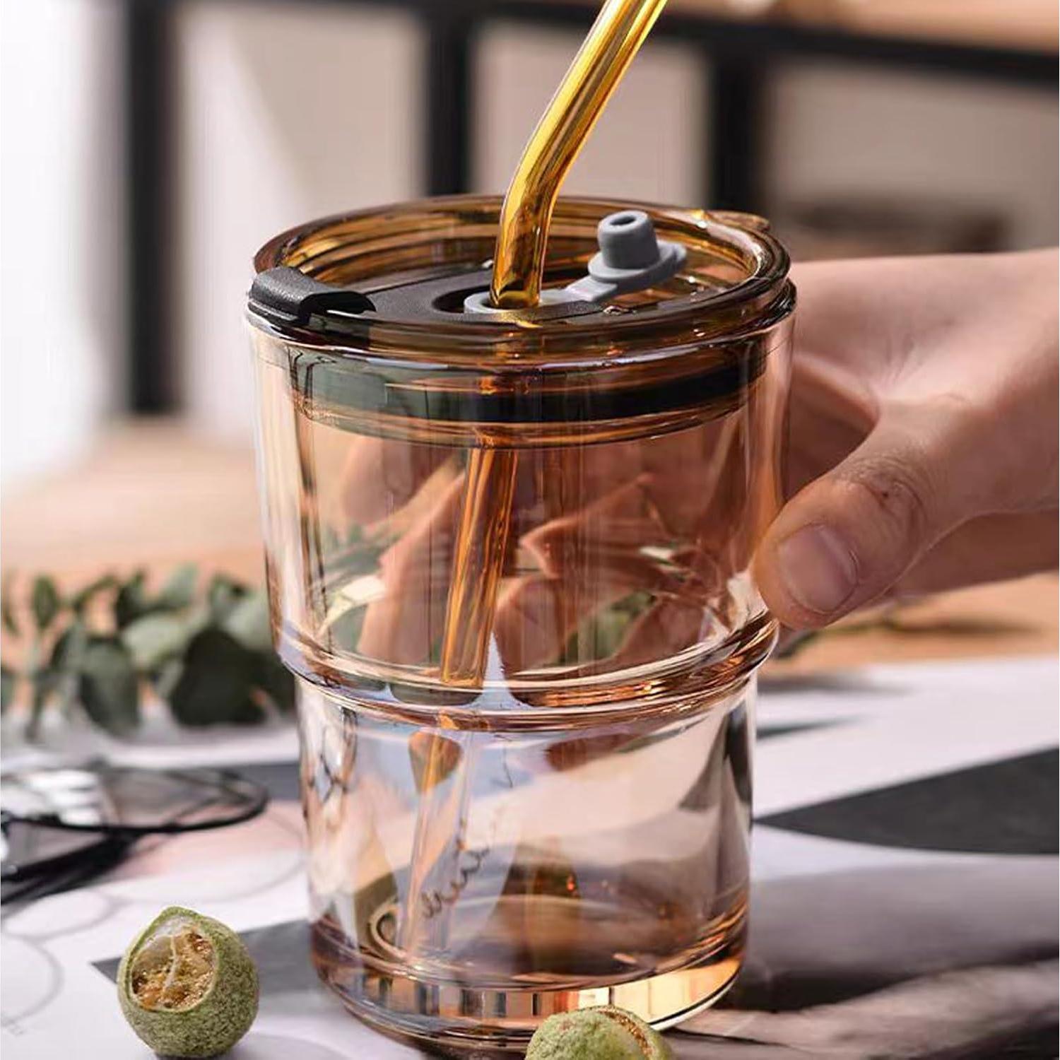 Taza de vidrio MINGHYZYA 13oz con tapa y popote ámbar