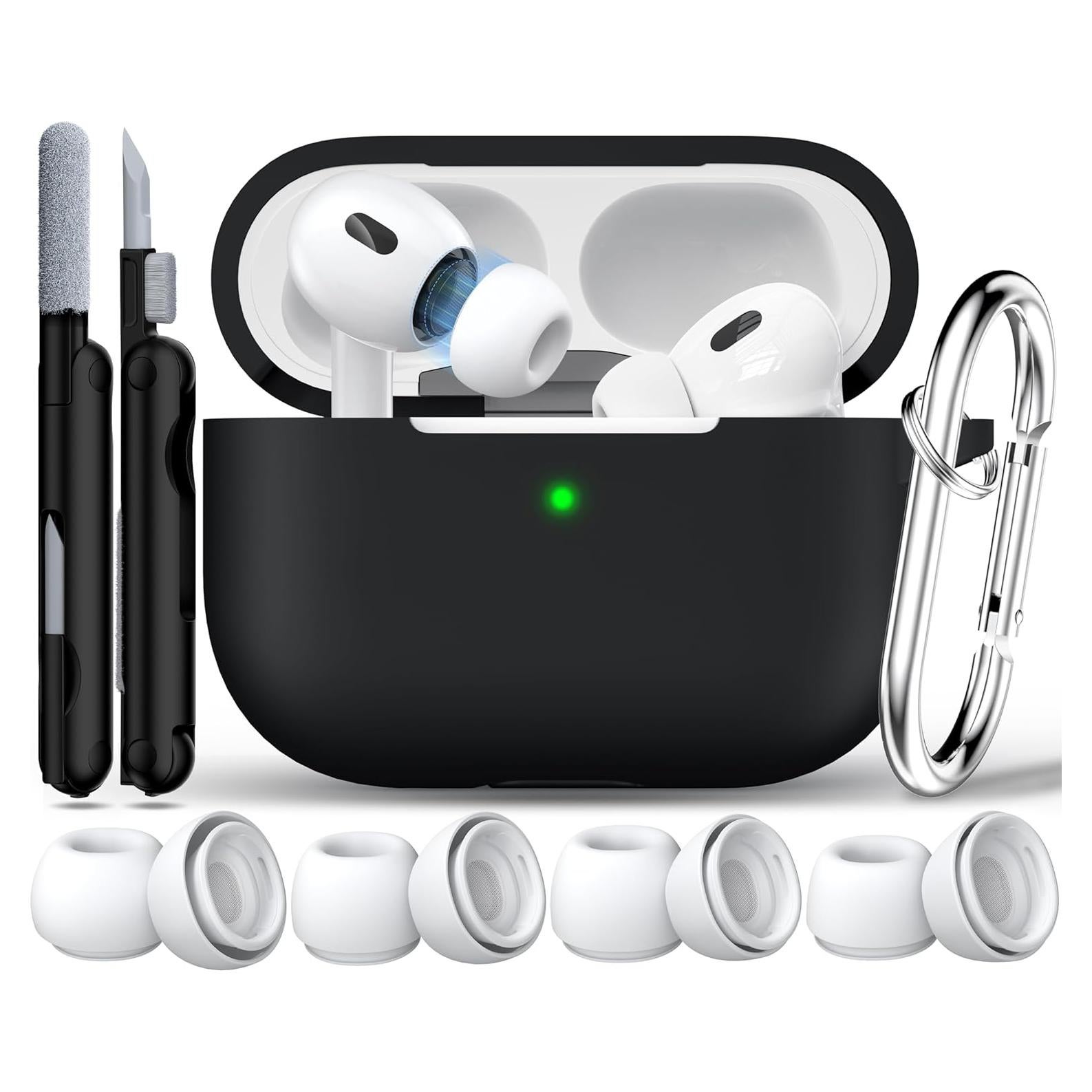 RFUNGUANGO Compatible with airpods pro 2 case (2023/2022/2019), Soft Silicone Protection AirPod Pro Case Cover(USB-C/Lightning Cable) with Cleaner kit&EarTips,Black