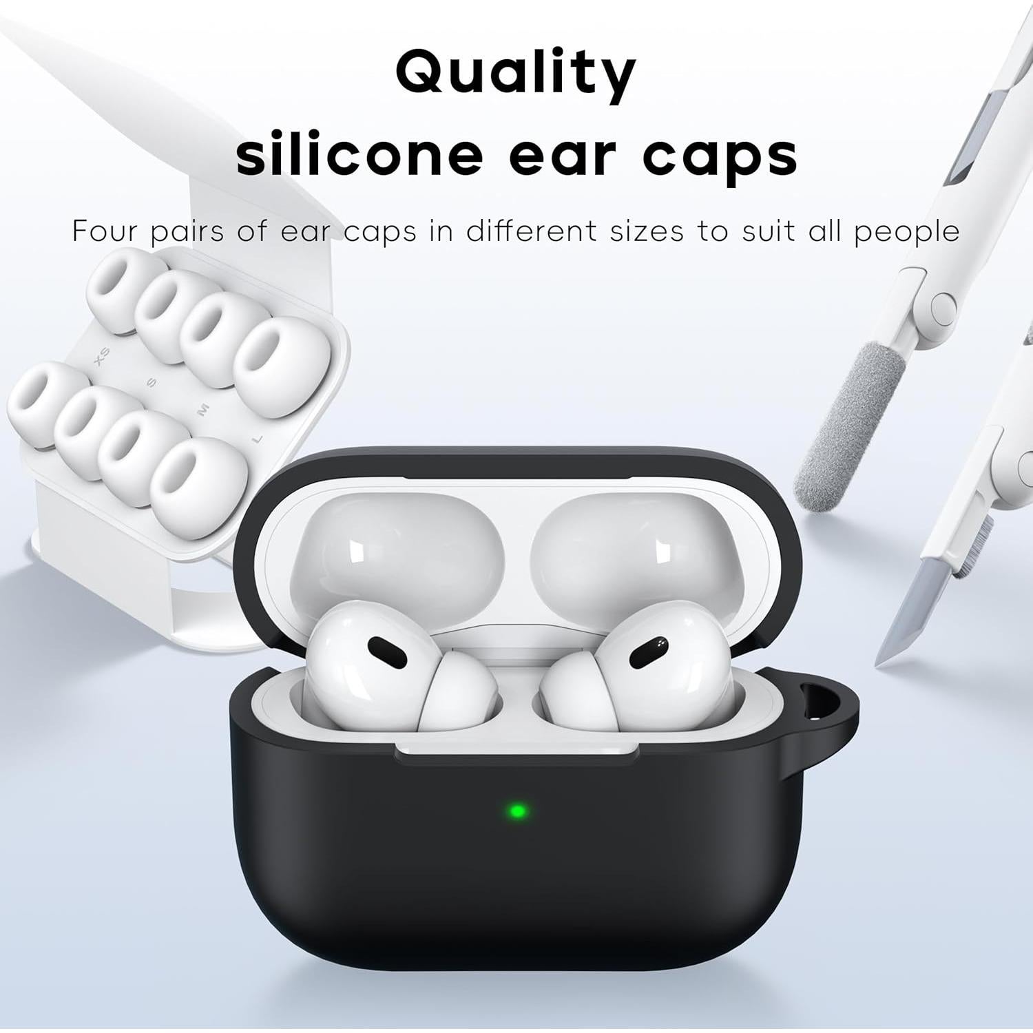 RFUNGUANGO Compatible with airpods pro 2 case (2023/2022/2019), Soft Silicone Protection AirPod Pro Case Cover(USB-C/Lightning Cable) with Cleaner kit&EarTips,Black