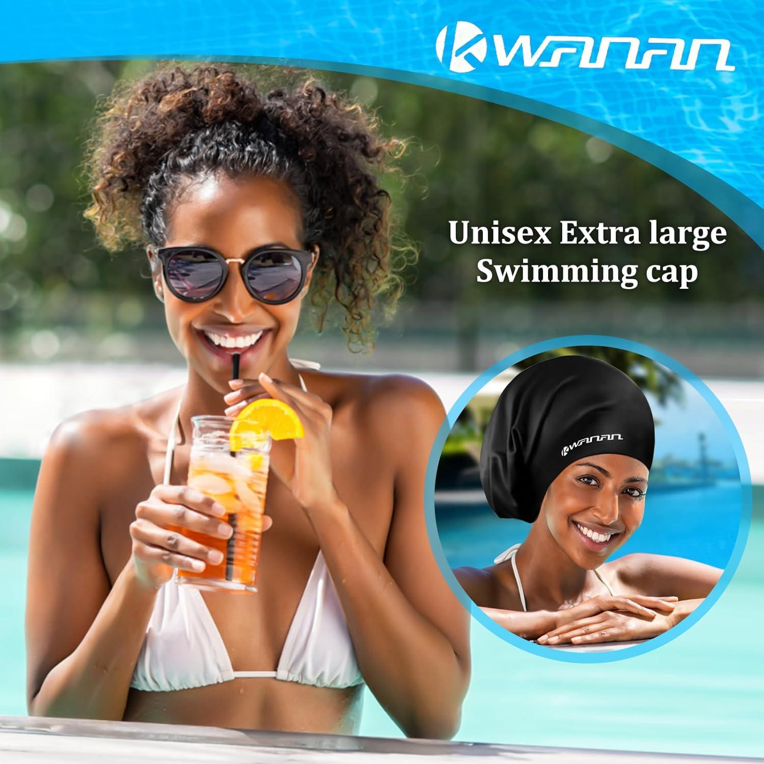 Gorro de natación Kwanan XL Negro para cabello largo y trenzas