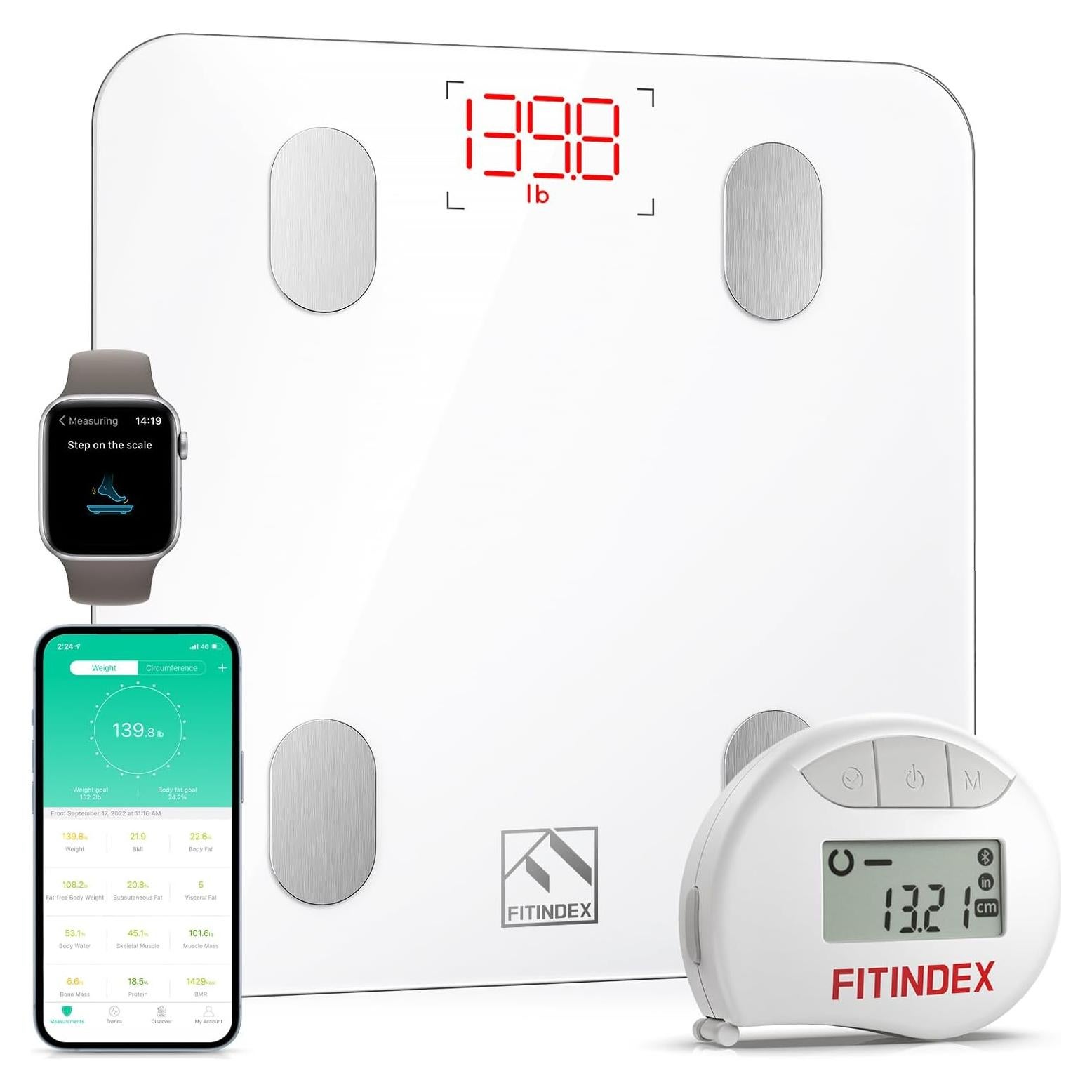 Báscula Inteligente FITINDEX y Cinta Métrica Digital 180kg