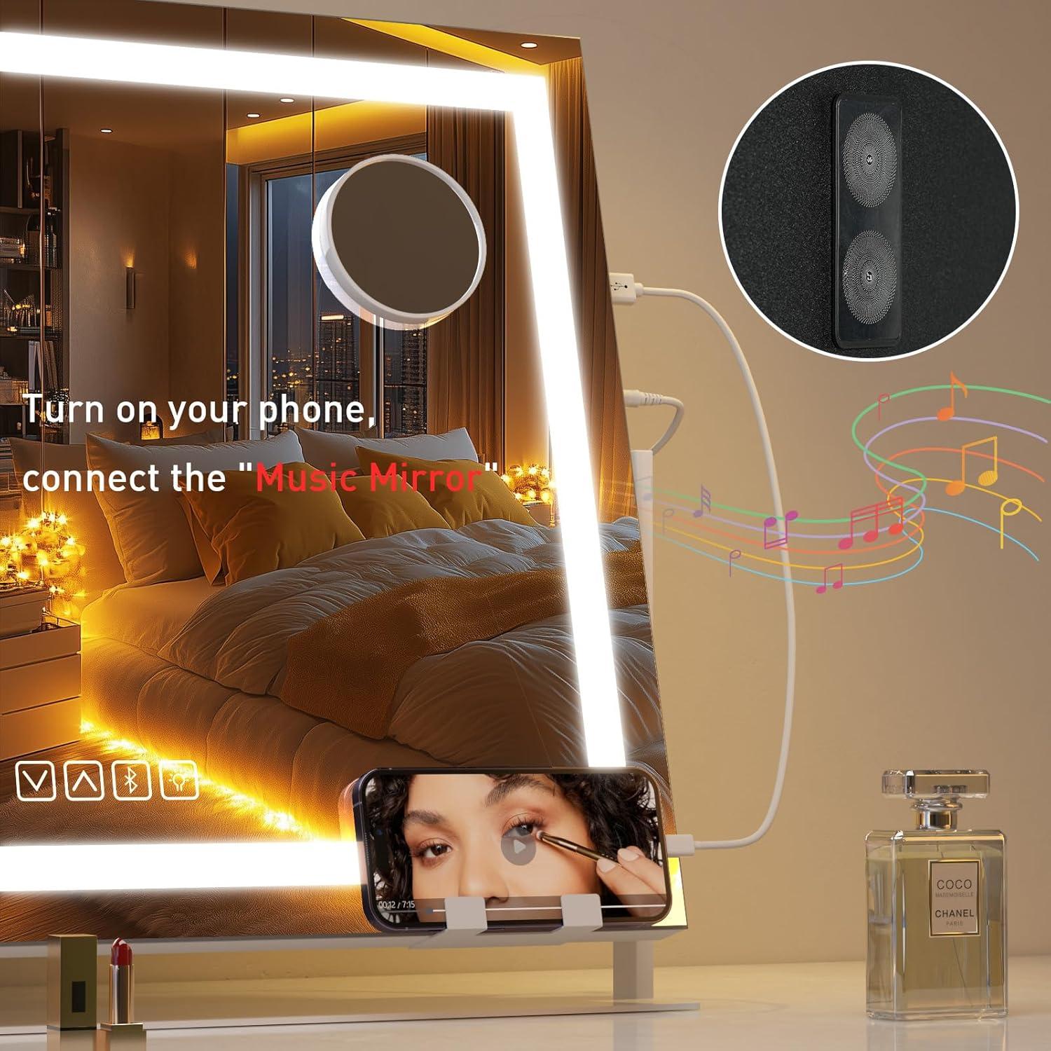 Espejo de Tocador AOBEO con Luces LED y Altavoz Bluetooth 58.4x45.7cm