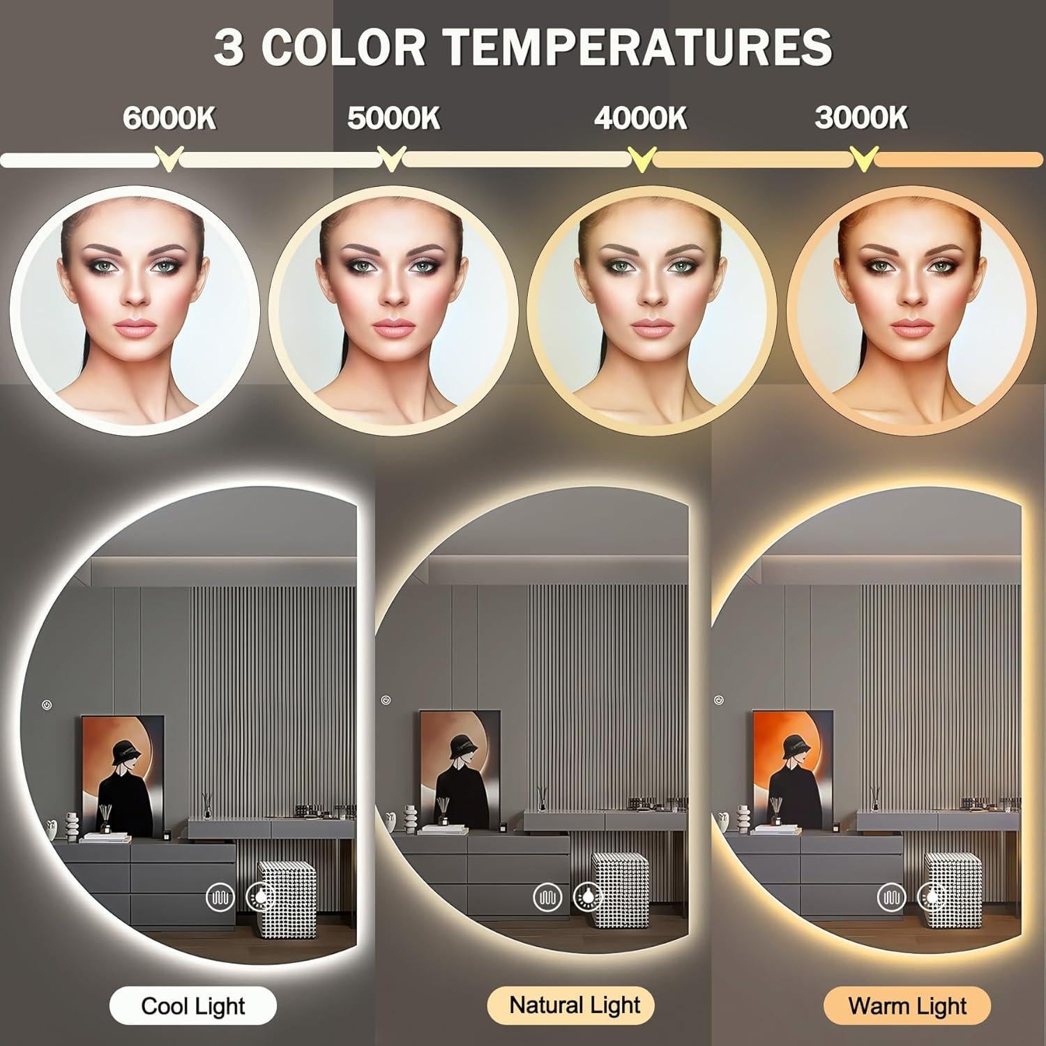 Espejo LED para Baño IYTBILQ 101.6x71.1 cm Redondeado Anti-vaho