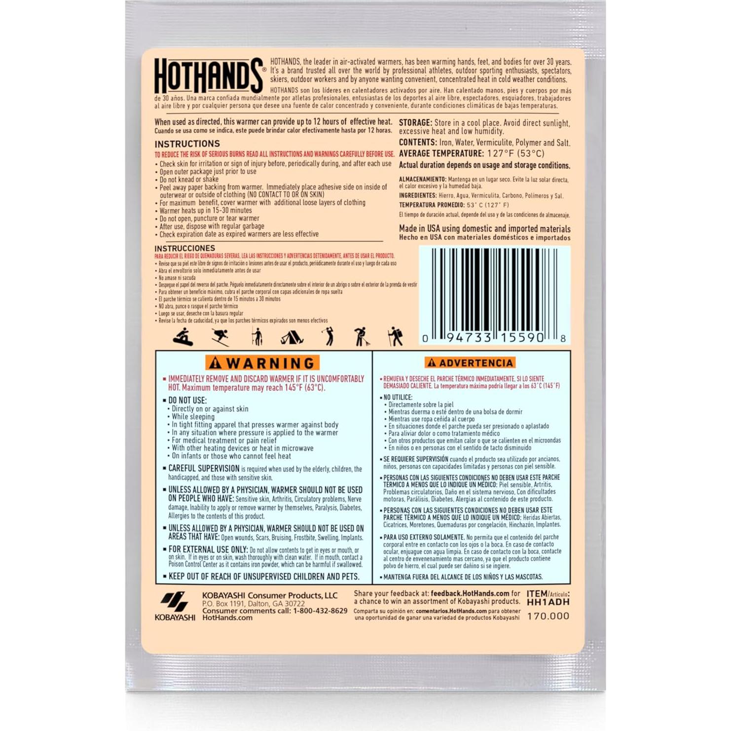 Calentadores Corporales Adhesivos HotHands - 20 Unidades - 12 Horas