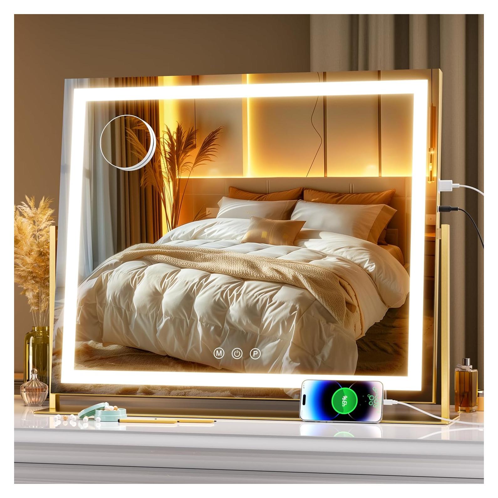 Espejo de tocador Hasipu LED 65x54 cm Oro con aumento 10X