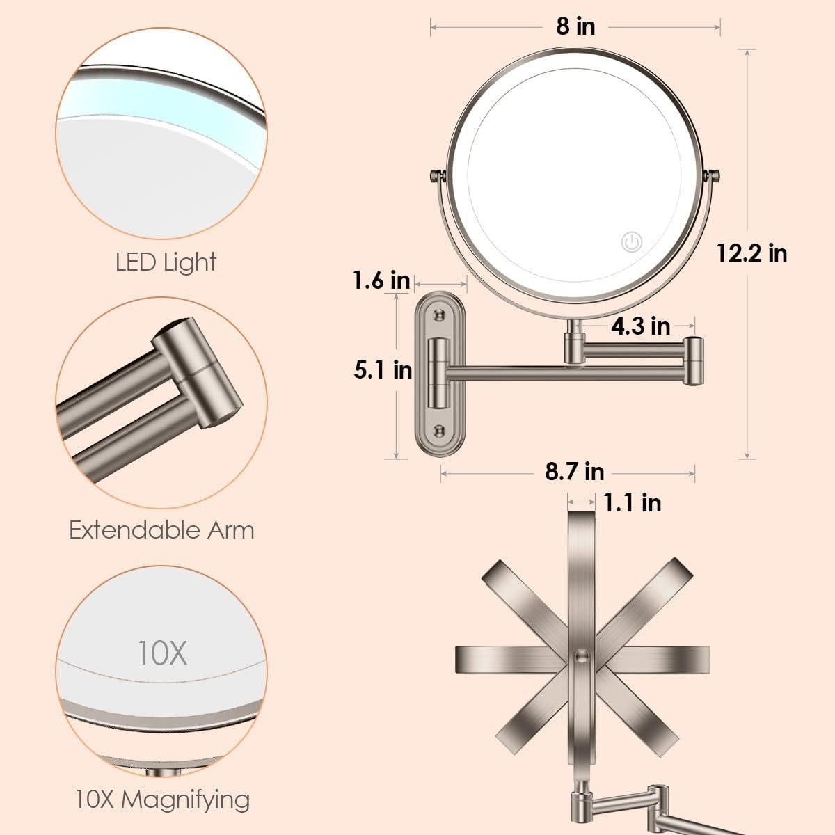 Espejo de Maquillaje Iluminado Rocollos 8" 1X/10X Pared