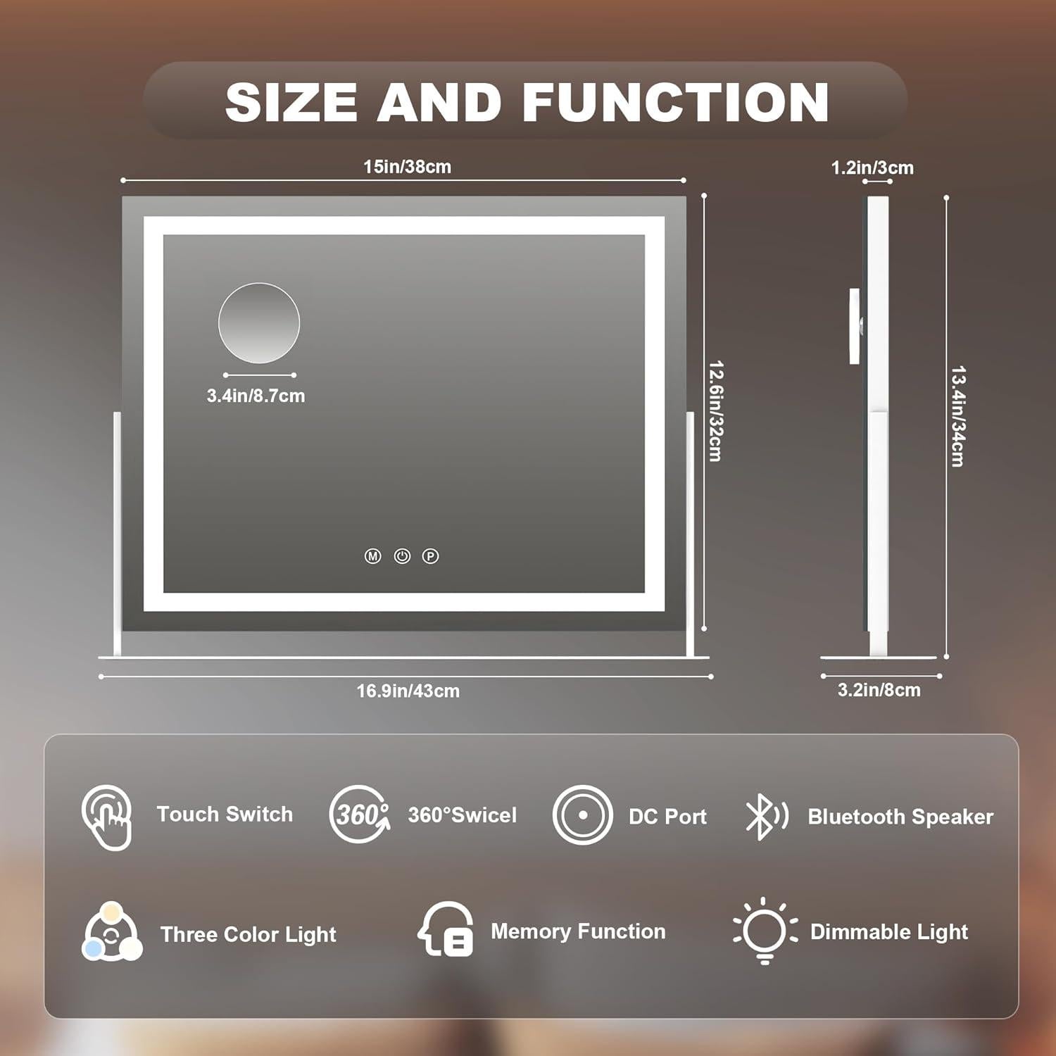 Espejo de tocador Hasipu LED con altavoz Bluetooth 42.9x34 cm