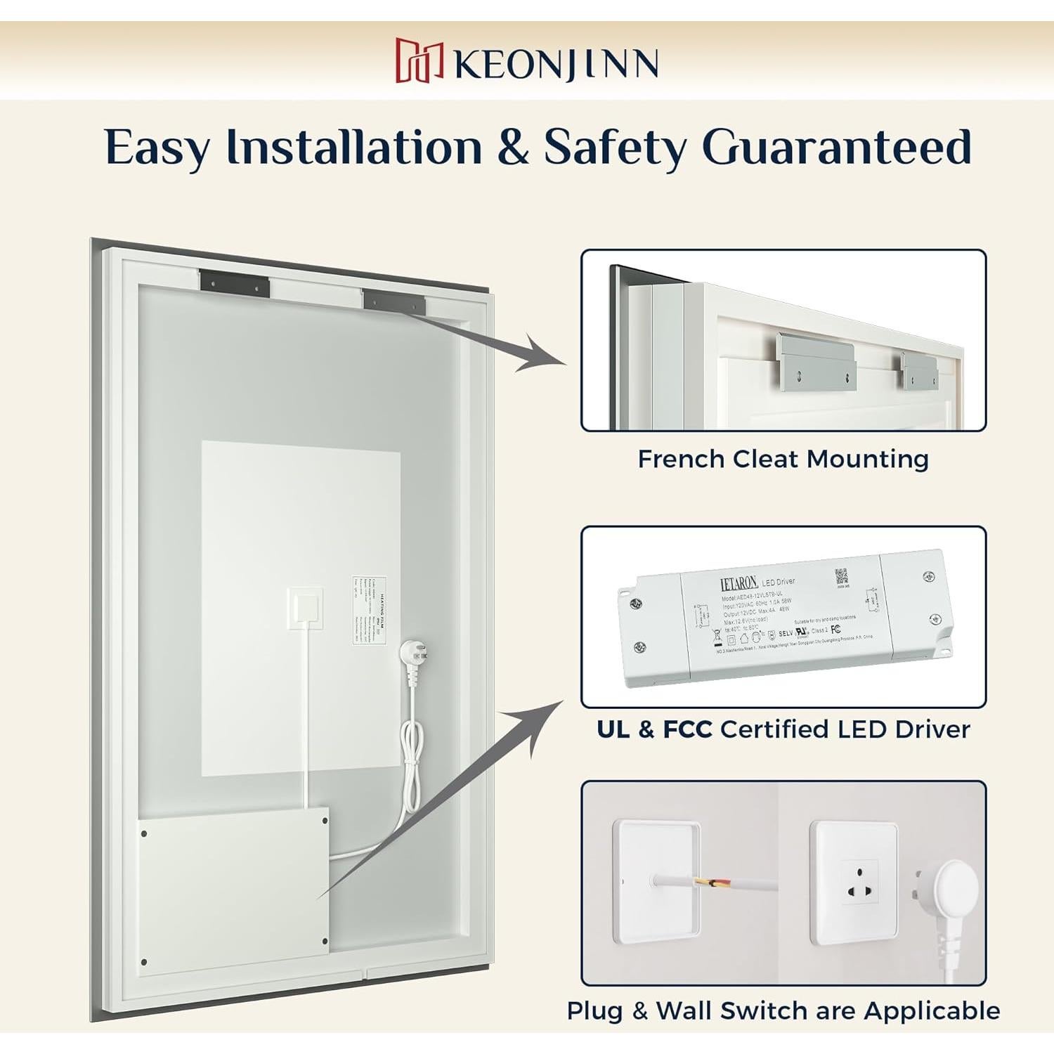 Espejo de Baño Iluminado LED Keonjinn 91x71 cm 3 Colores