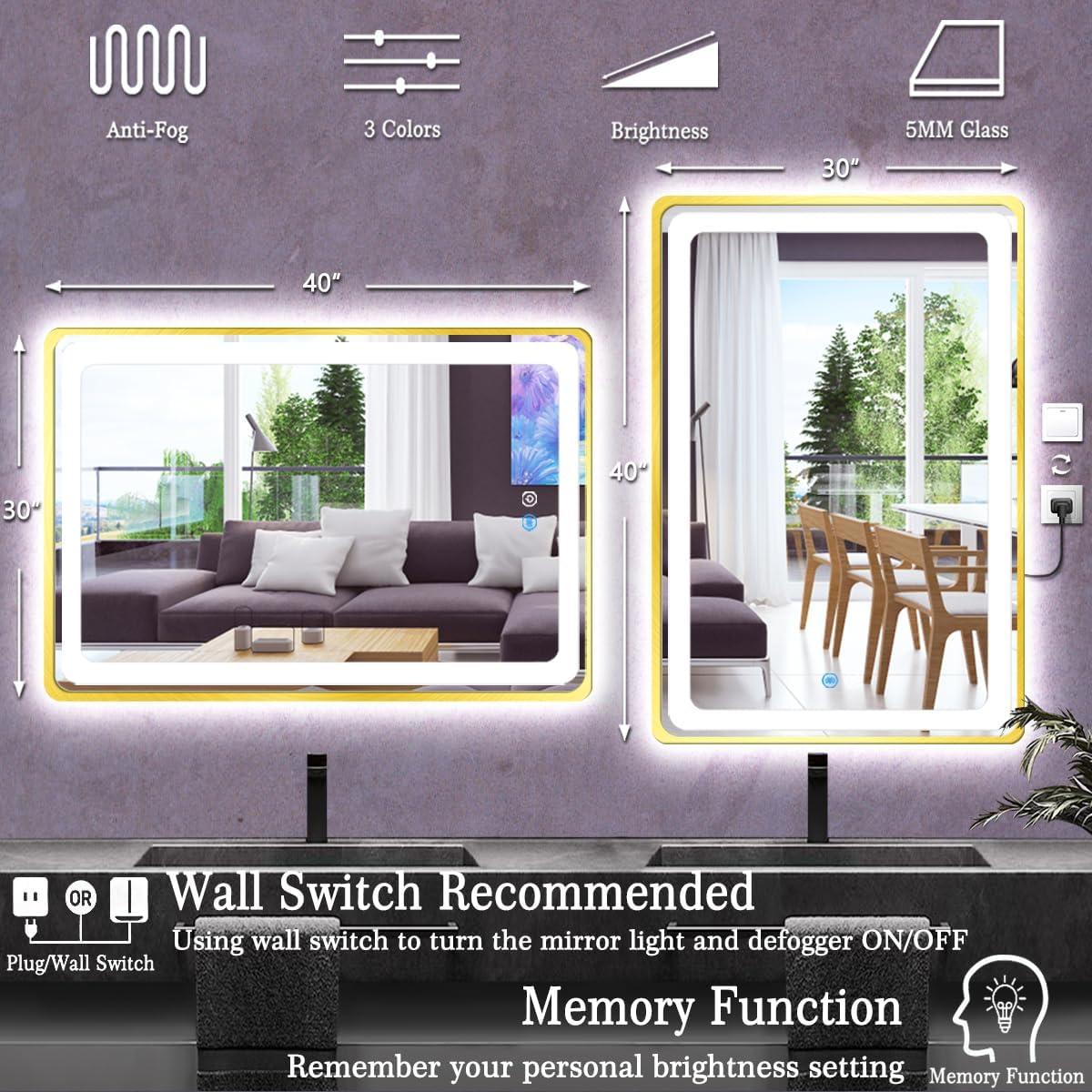 Espejo LED TiliKuly 101.6x76.2 cm Dorado Regulable 3 Colores