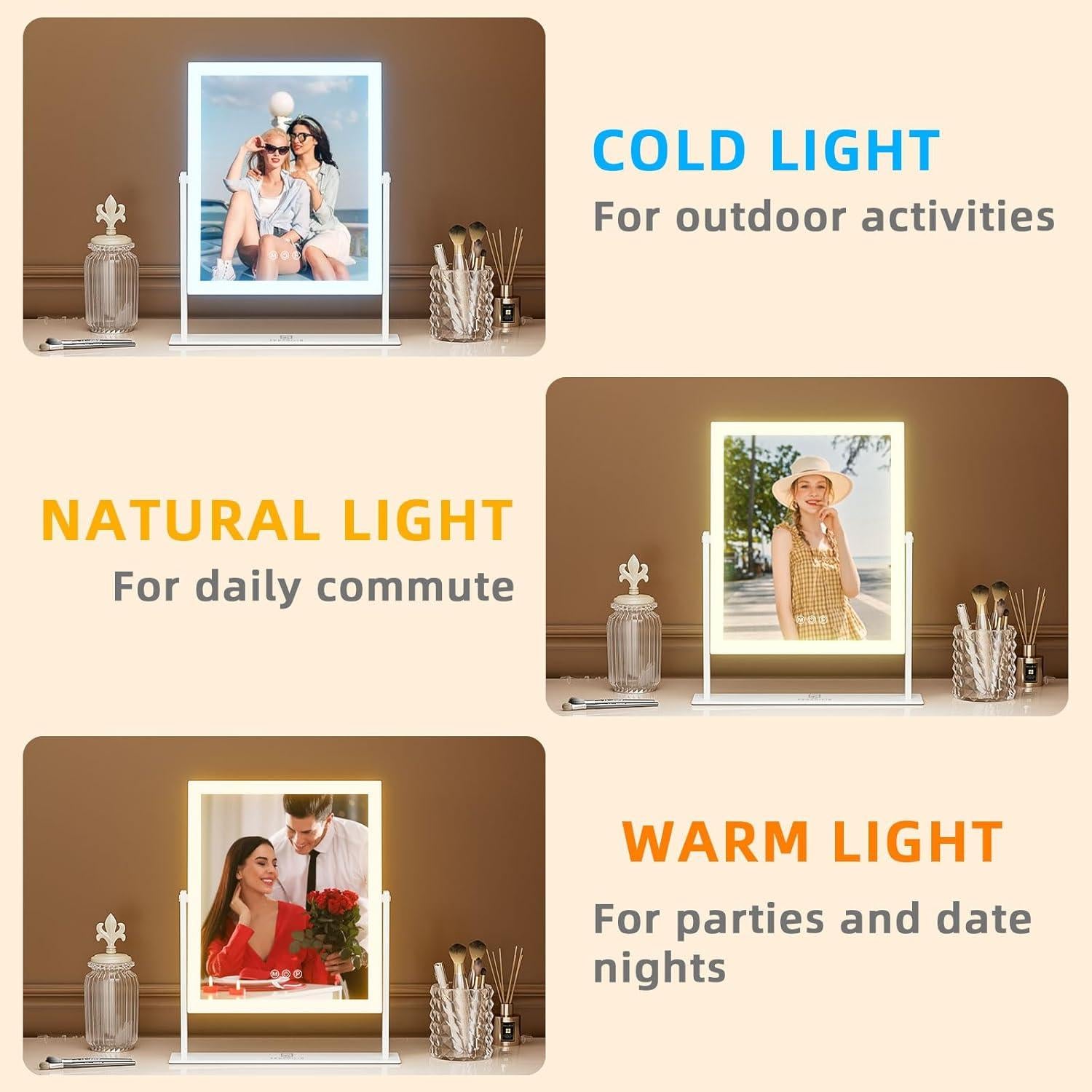 Espejo de Tocador FENCHILIN Iluminado 30x25 cm 3 Colores LED