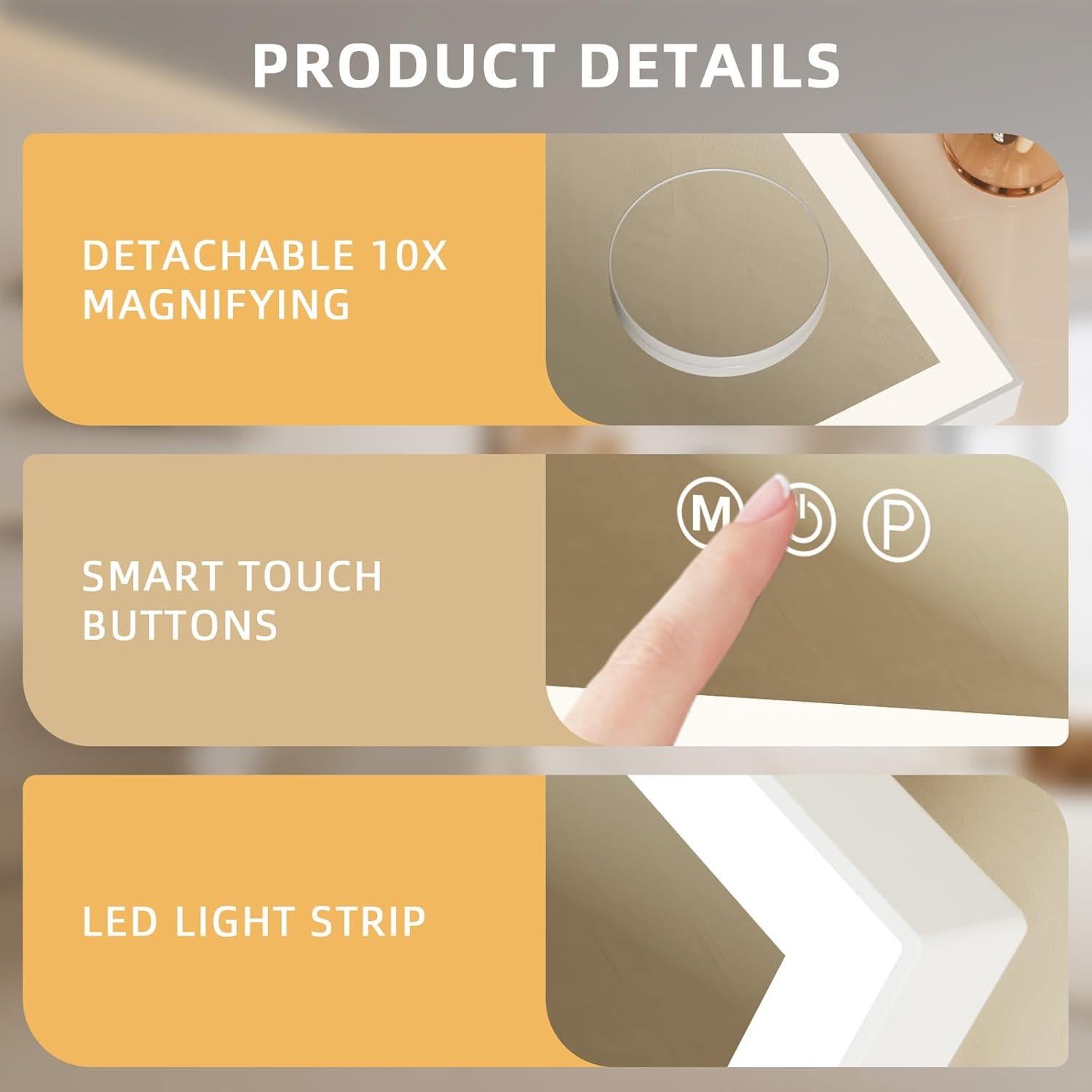 Espejo de Tocador FENCHILIN Iluminado 30x25 cm 3 Colores LED